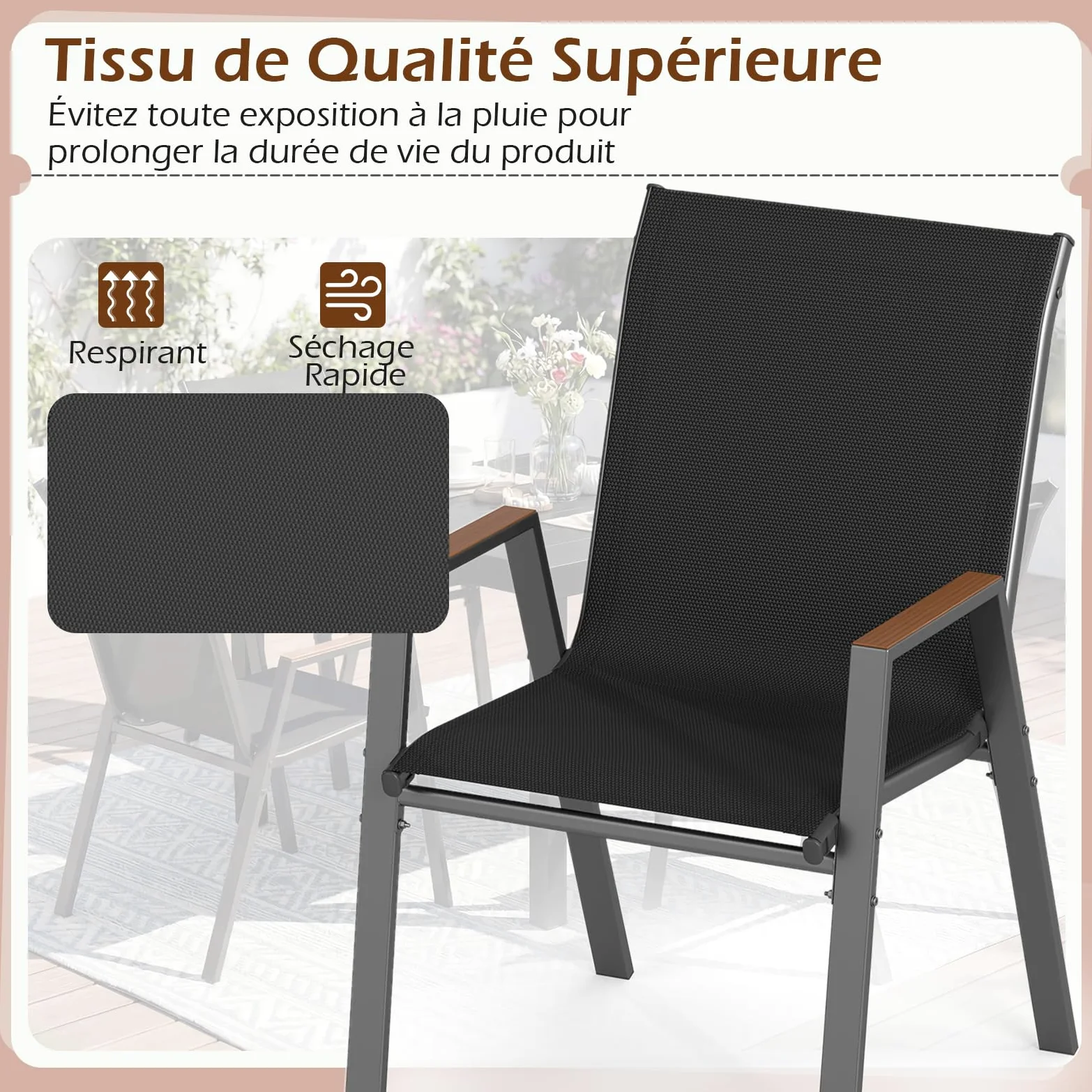 COSTWAY Lot de 2/4 Chaises de Jardin Exterieur, Fauteuils Empilable, Charge 180 kg, Tissu Respirant, Structure en Métal, Chaise Exterieur pour Jardin Cour Balcon, 56 x 66 x 88 cm (Noir,2)
