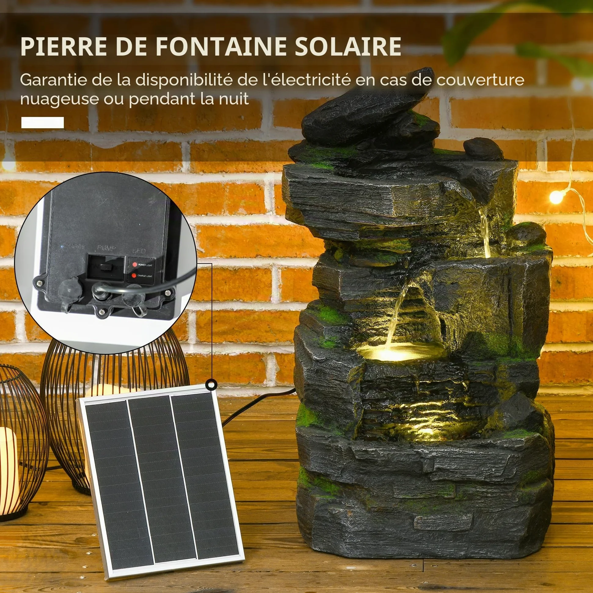 Outsunny Fontaine de jardin, solaire, à 4 niveaux, avec éclairage LED, décorative, pour jardin, balcon, résine synthétique, 34 x 28 x 57 cm