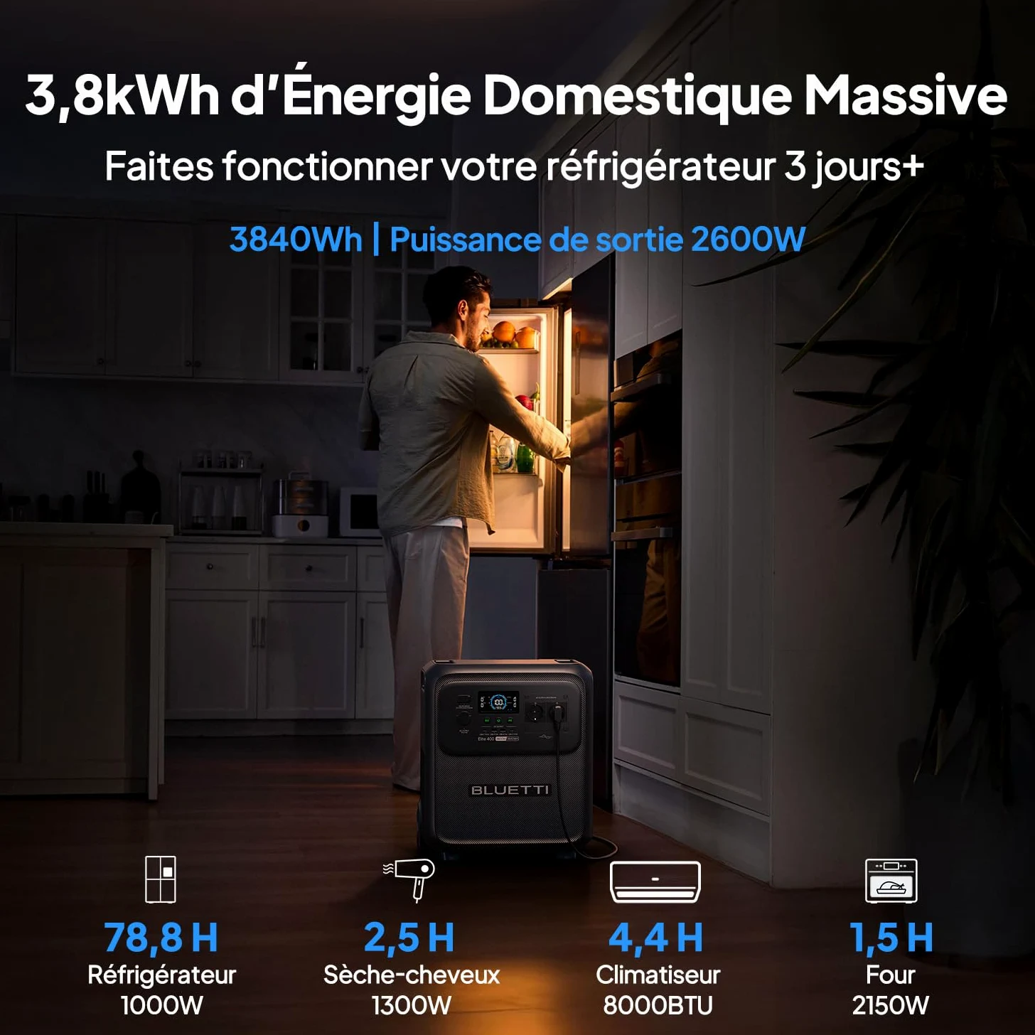 BLUETTI Elite 400 Générateur Électrique Portable, Batterie LFP 3840 Wh, Prises CA 2600 W (3900 W Avec Power Lifting), Générateur Solaire Avec Roues Pour Panne (Câble de Charge Solaire Inclus)