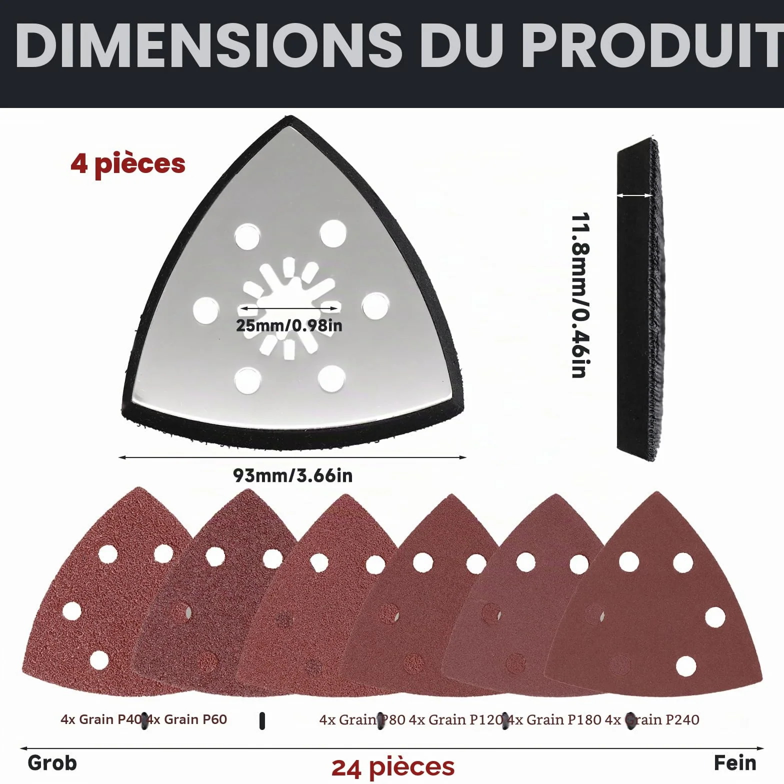 Papier Poncage 93 mm Plaques de Ponçage Triangulaires Accessoires Outil Multifonction Ponçage Base Metálica Alta Adhesión