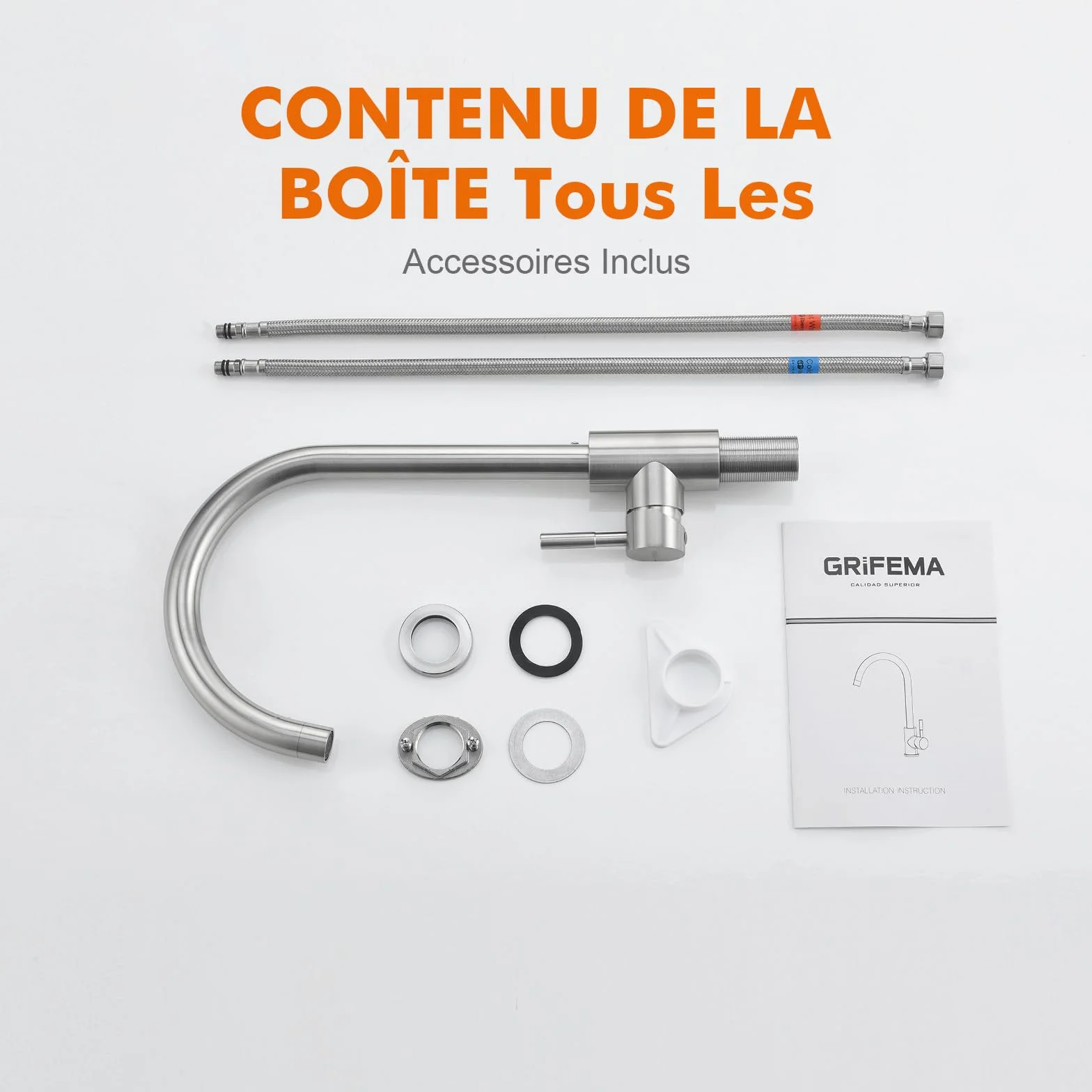 GRIFEMA G4008 Robinet de Cuisine Mitigeur Évier à Poignée Unique, Arc Élevé 360, Acier Inoxydable