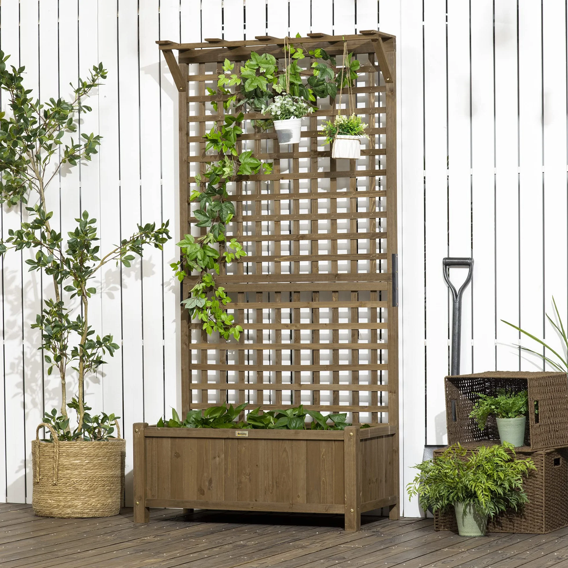 Outsunny Jardinière en Bois Treillis Plantes Grimpantes Plate-Bande Surélevée Trous Drainage