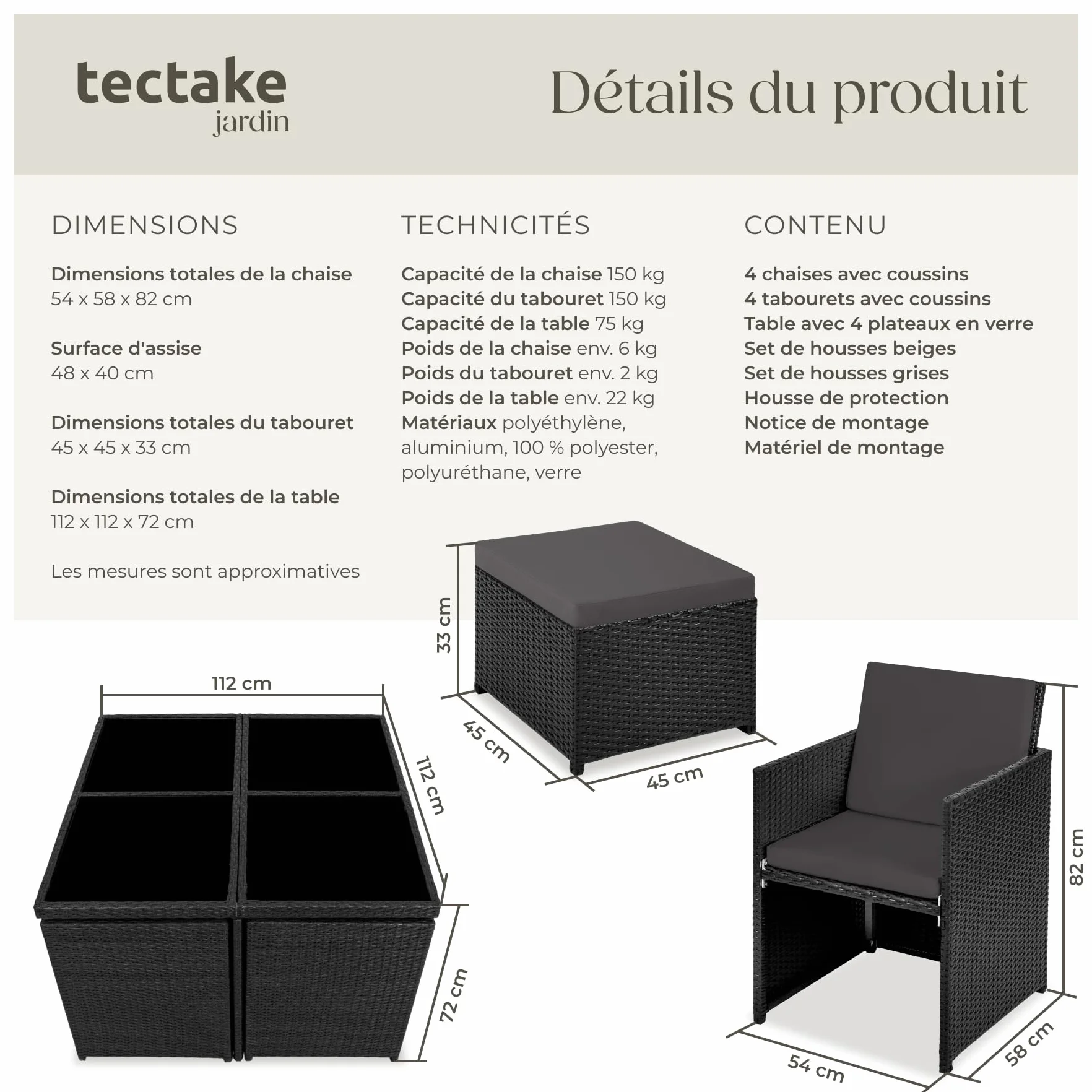tectake Salon de Jardin Extérieur 8 Places Table en Poly Rotin Structure Aluminium Noir