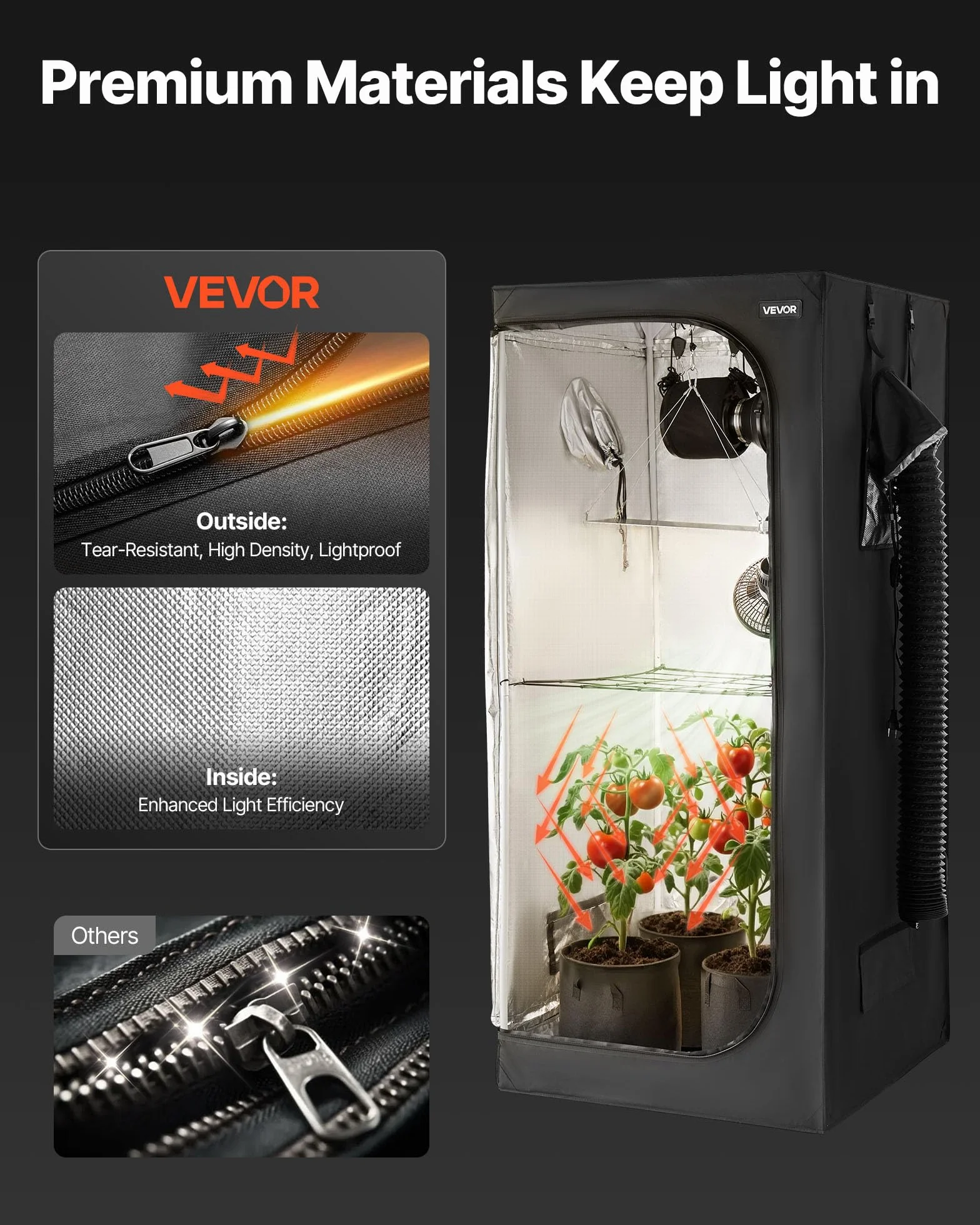 VEVOR Chambre de Culture 80x80x180 cm Kit Complet LED Spectre Complet Ventilation Mylar 600D