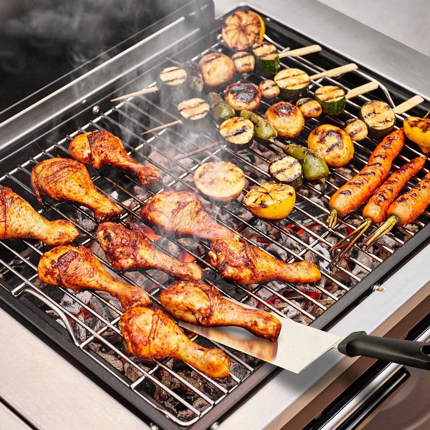AMZMUKAUP 11 Pièces Spatules pour Barbecue en Acier Inoxydable Professionnelle BBQ Teppanyaki