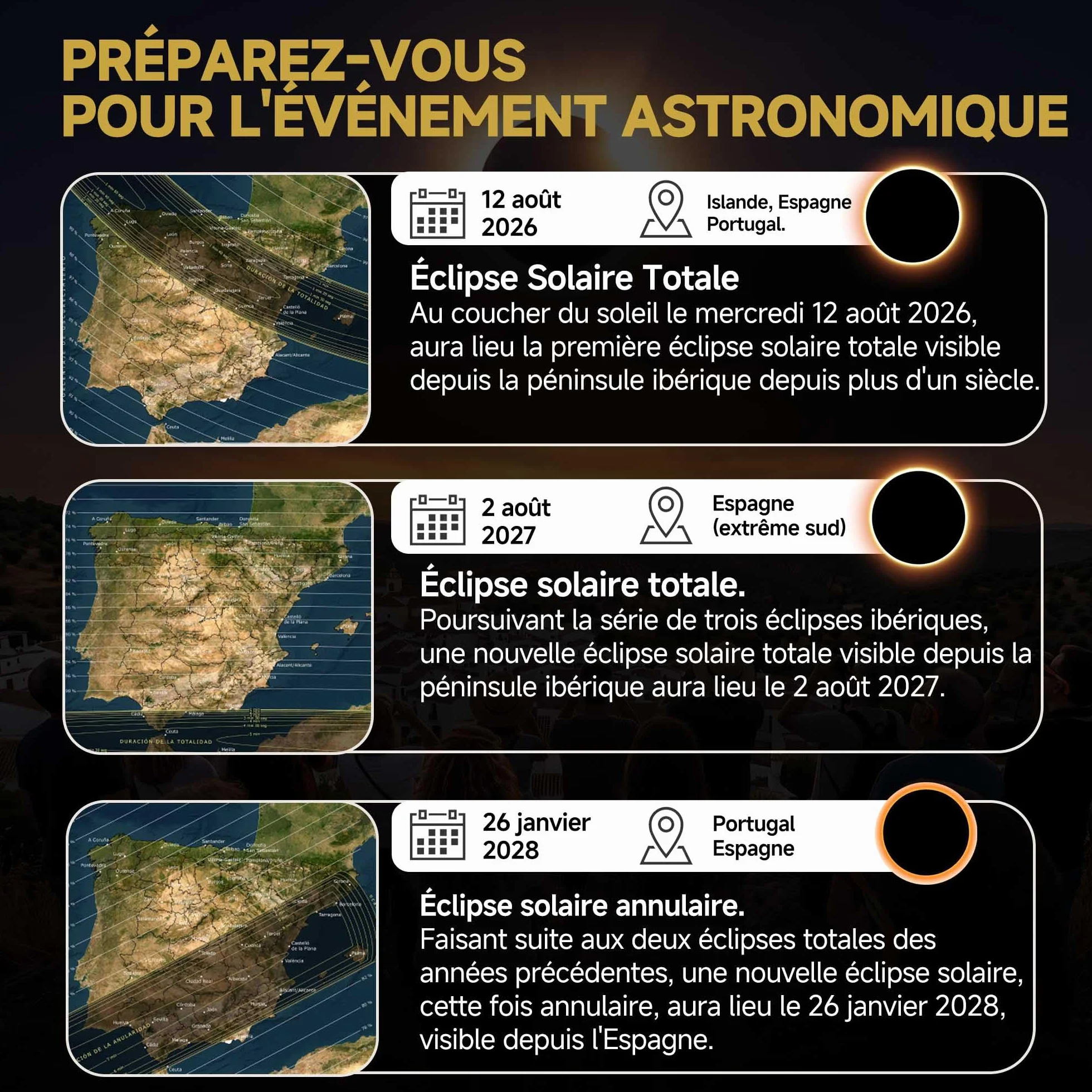 Lunette éclipse solaire [Lot de 3] - Homologuées ISO 12312-2 CE - Observation directe éclipse 2026