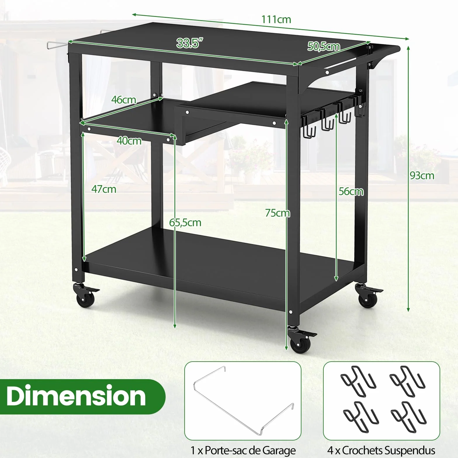 GOPLUS Desserte Jardin Exterieur Chariot Barbecue 4 Roues 4 Crochets Étagère 111x50.5x93 cm Charge 50kg