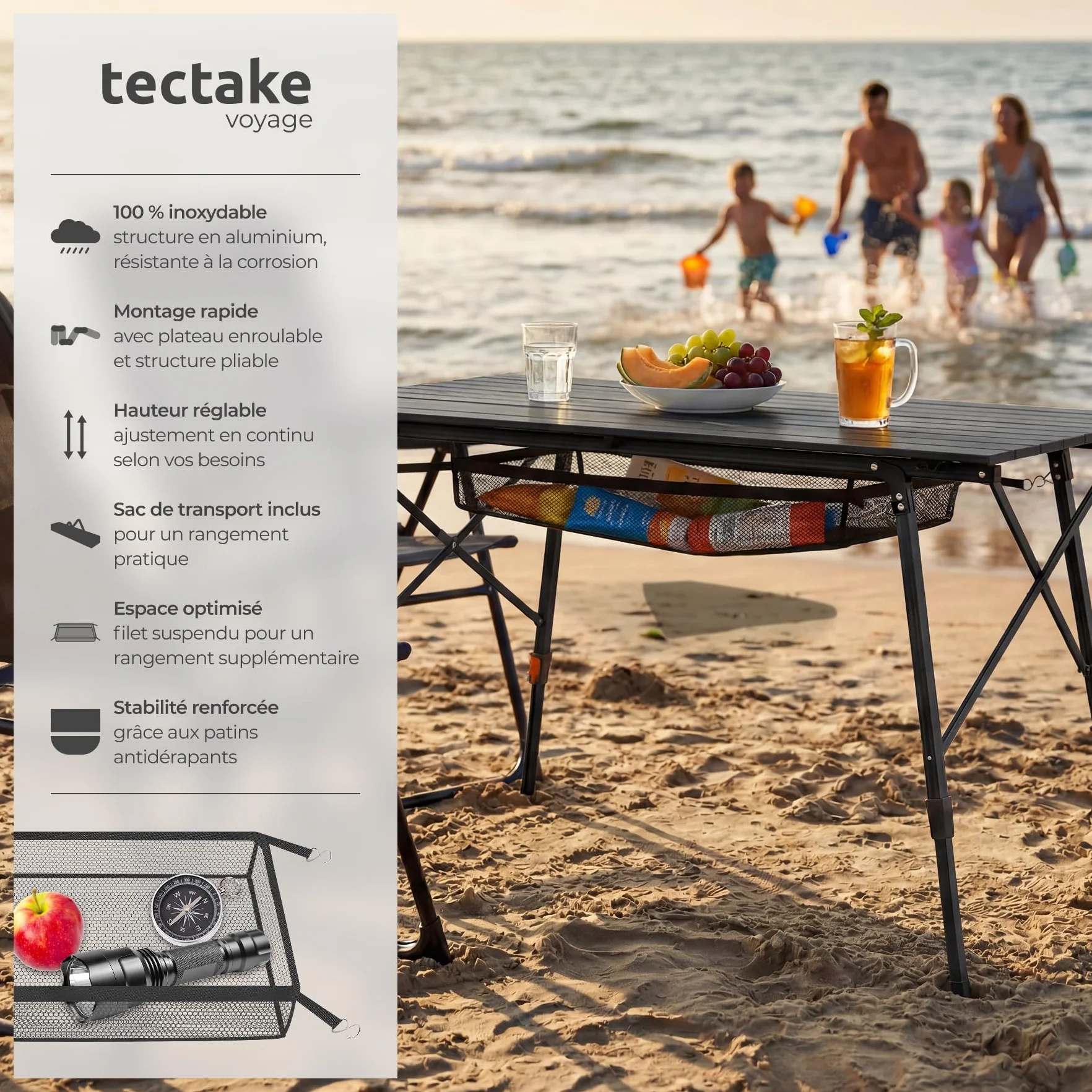 Tectake Table Pliante Aluminium 120x70,5x58-79 cm Réglable Hauteur Camping Pliable Noir