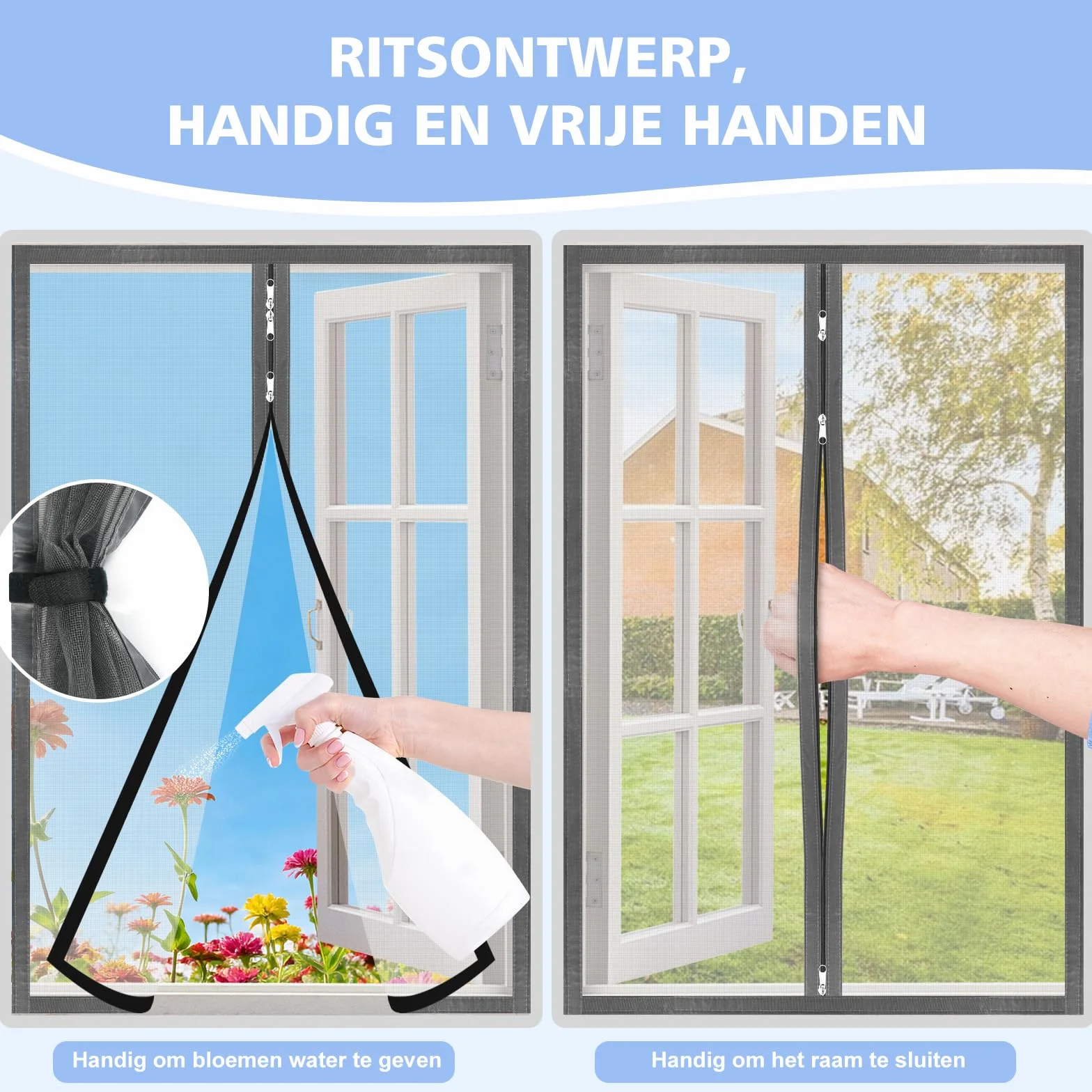 Moustiquaire Fenetre Adhésive avec Fermeture Éclair 110x120 cm Bande Auto-agrippante Transparent Tissu PP Respirant Réutilisable Lavable Gris Clair