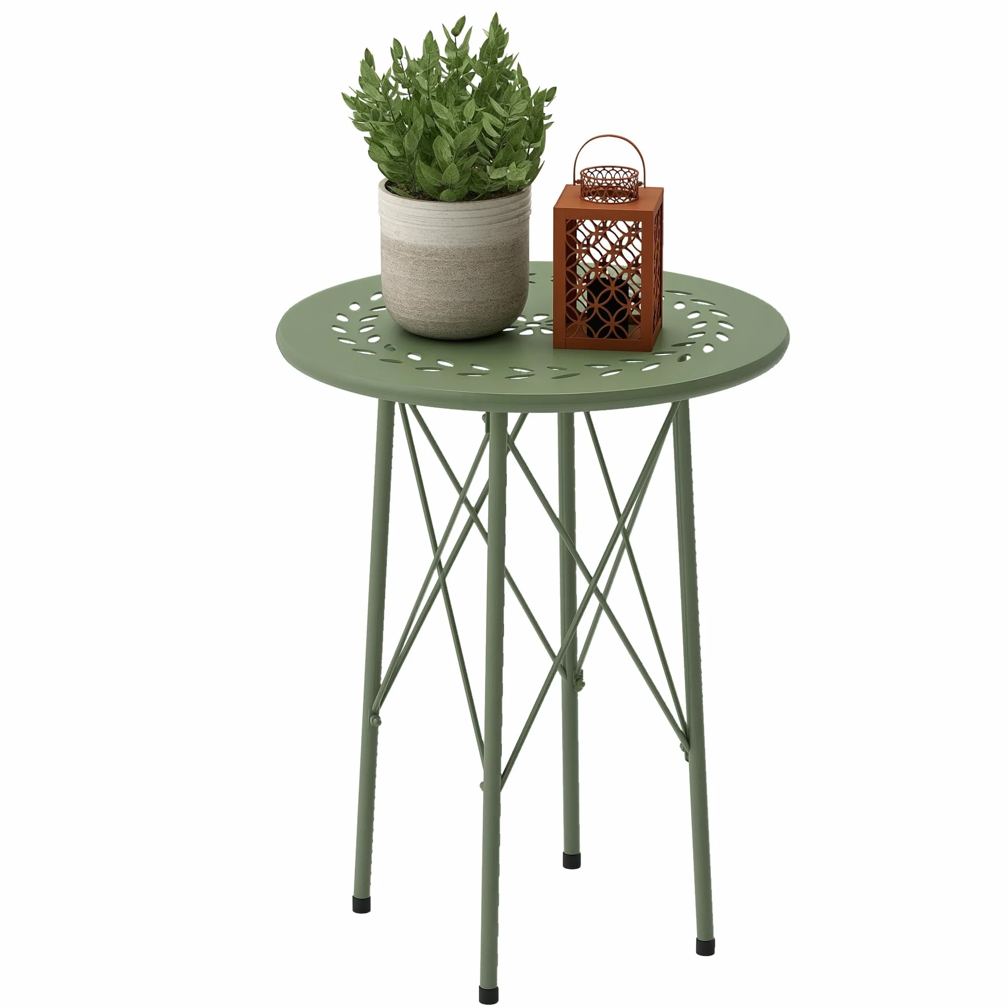 Outsunny Petite Table d'appoint Ronde de Jardin en Acier Vert avec découpe Fleur Feuilles