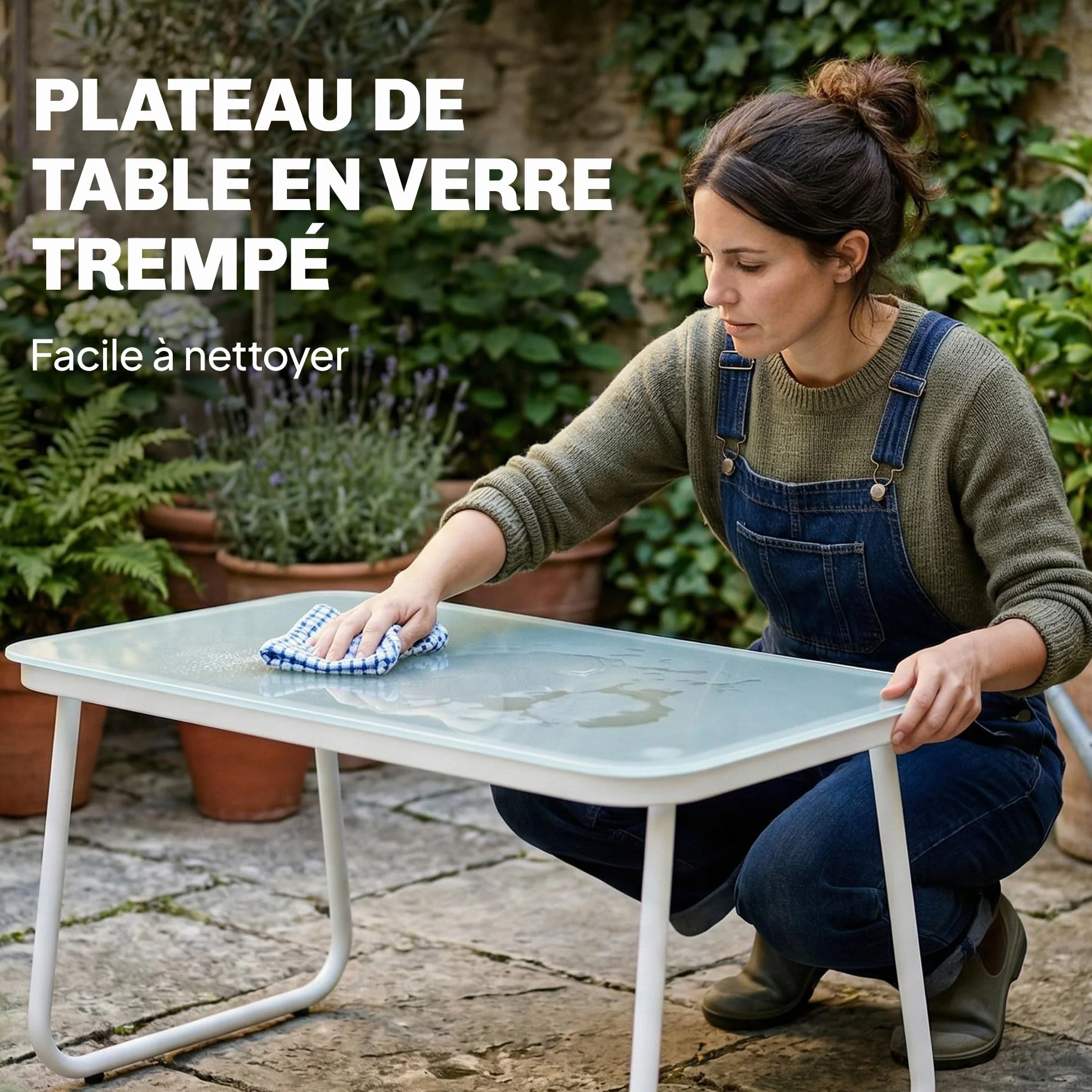 Outsunny Salon de Jardin 4 pièces avec canapé, fauteuils et table basse, Plateau en Verre trempé, Pieds réglables, Kaki et Blanc