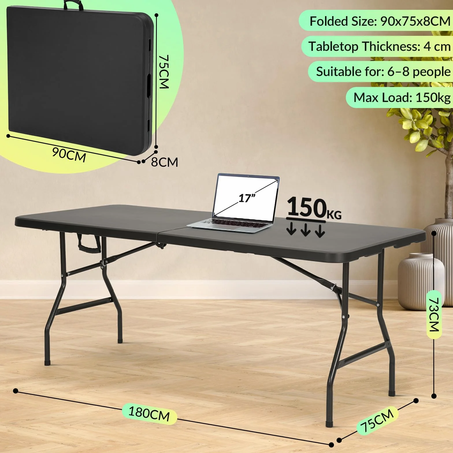 Velway Table Pliante Extérieur 180x75x73cm Camping 6-8 Personnes Noir