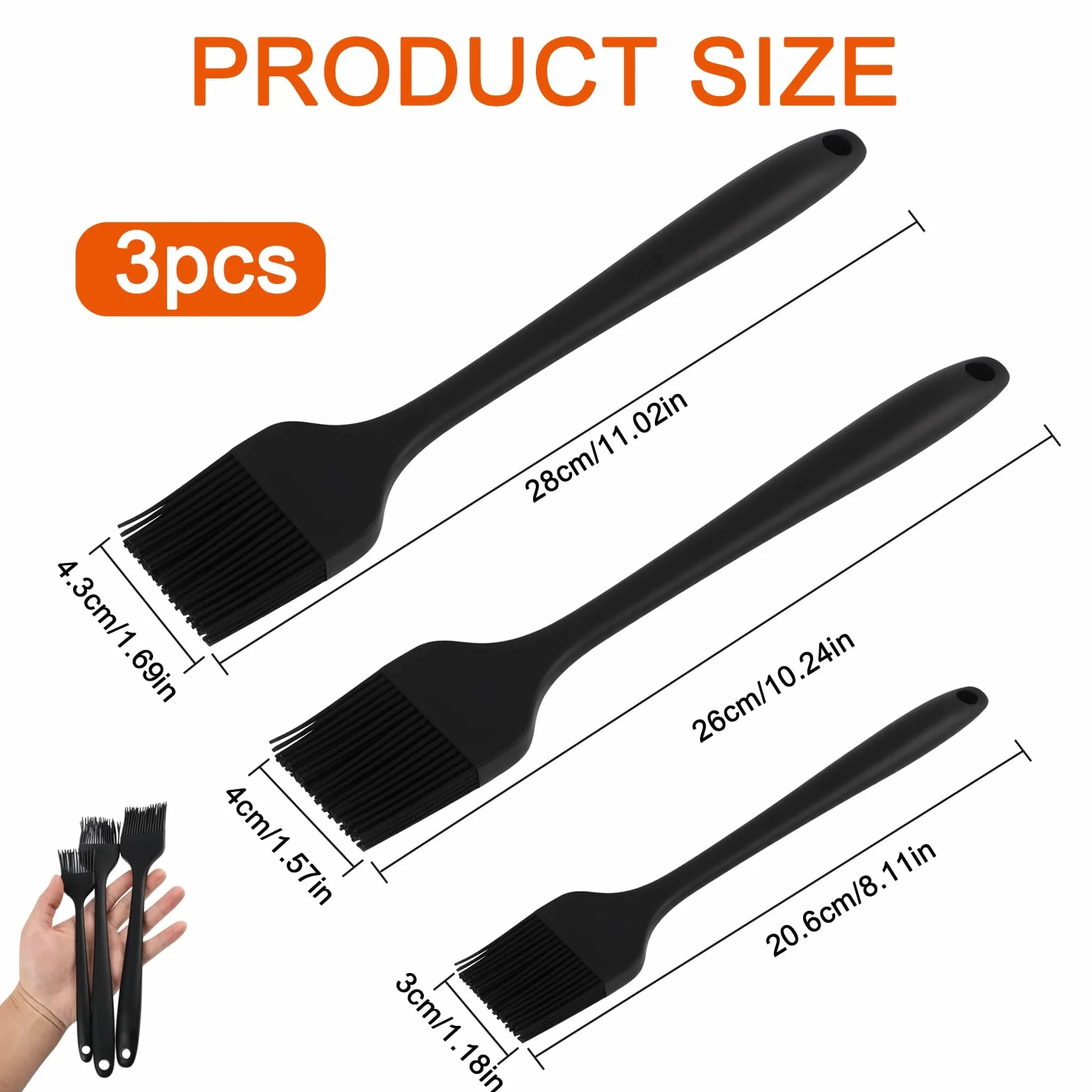 Lot de 3 pinceaux de cuisson en silicone résistant à la chaleur sans BPA pour barbecue, marinades, glaçage