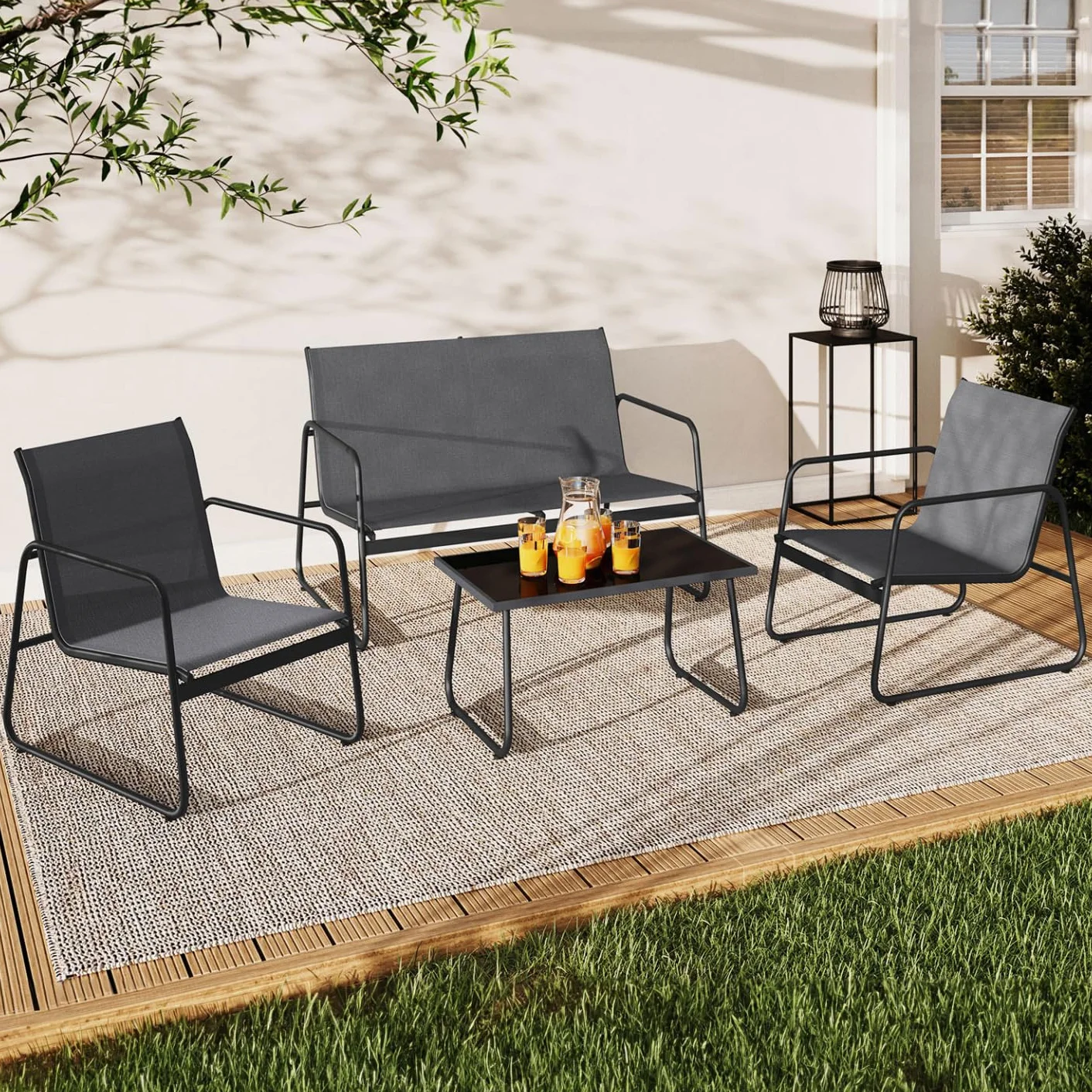 IDMarket - Salon de Jardin Bas Malaga 4 Places avec canapé, fauteuils et Table Gris Anthracite