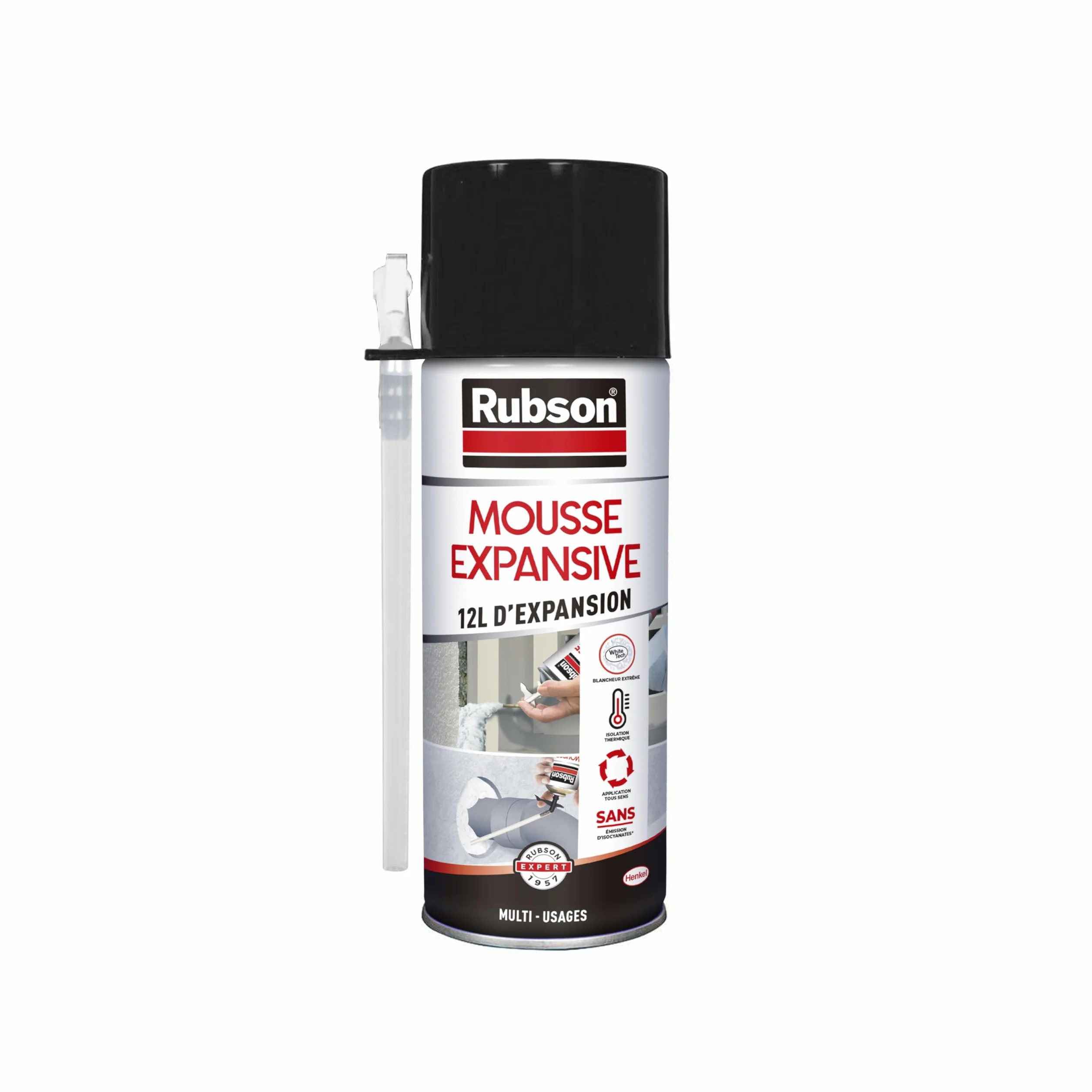 Rubson Mousse Expansive Multi-Usages 300 ml Blanche - Mousse Polyuréthane Isolation Calage Rebouchage 12 Litres Expansion