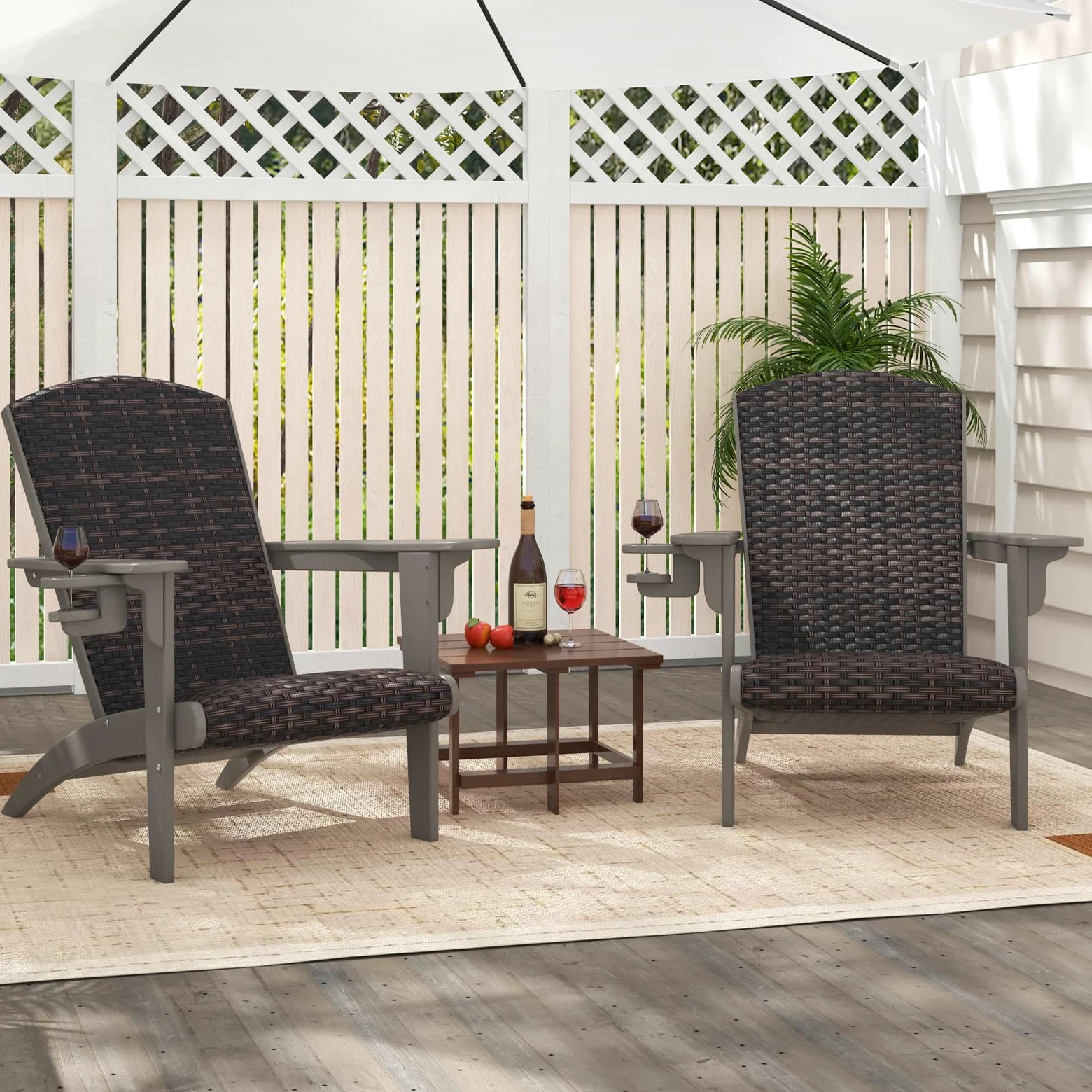 COSTWAY Fauteuil Jardin Exterieur, Chaise Adirondack en HDPE, Porte-Gobelet Rotatif, Siège et Dossier Rembourrés en Rotin, Chaise Longue pour Jardin Porche, 92 x 76 x 100 cm, Charge 150 kg (Gris)