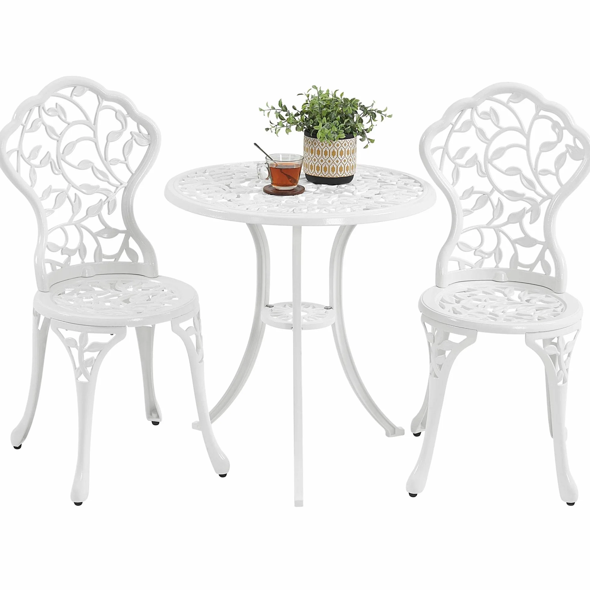Yaheetech Ensemble de Bistrot en Métal 3 Pièces Design Vintage Feuillage Table et 2 Chaises Blanc