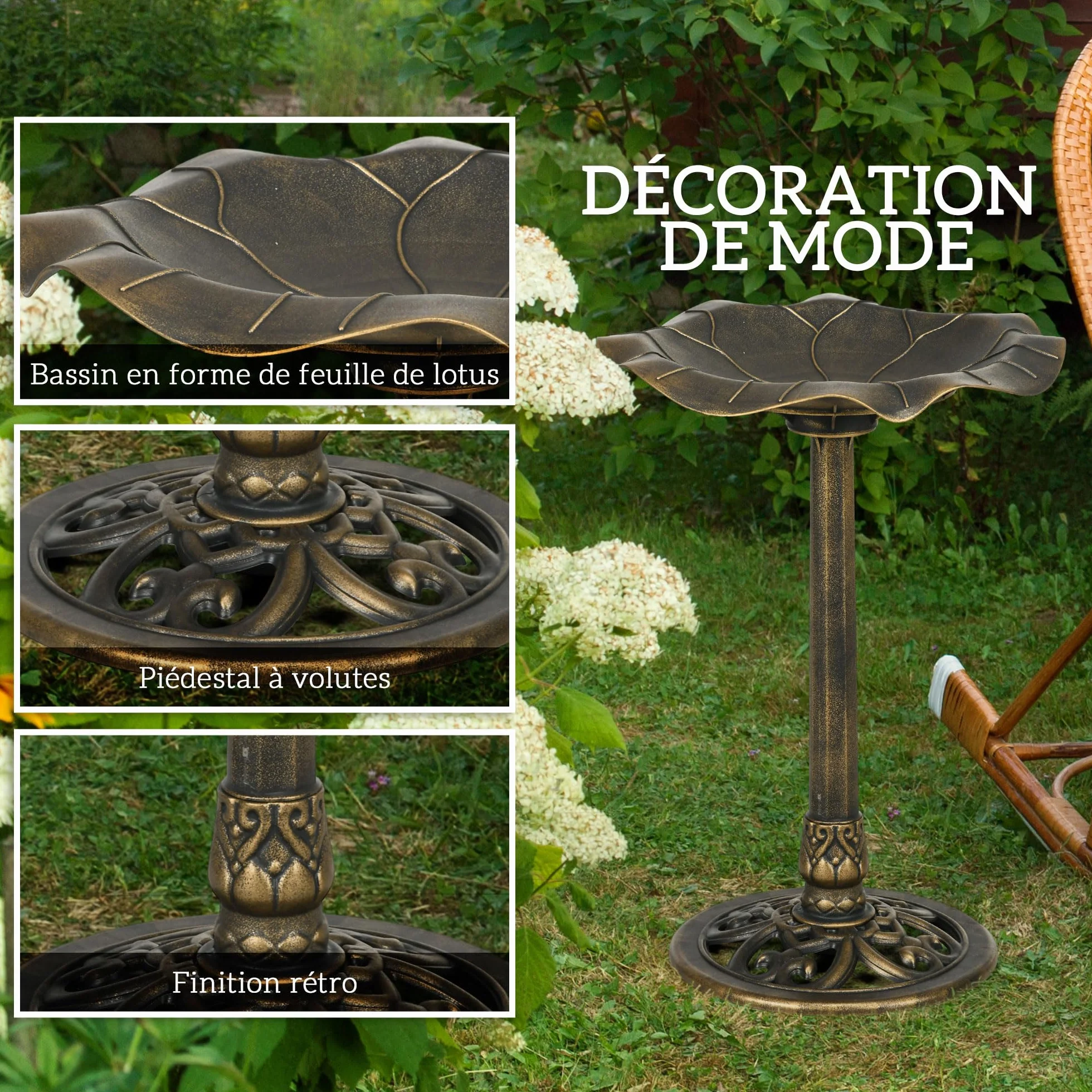 Outsunny Bain d'oiseaux Abreuvoir Mangeoire Bassin Feuille de Lotus Ø 50 x 71H cm Polypropylène Bronze Antique