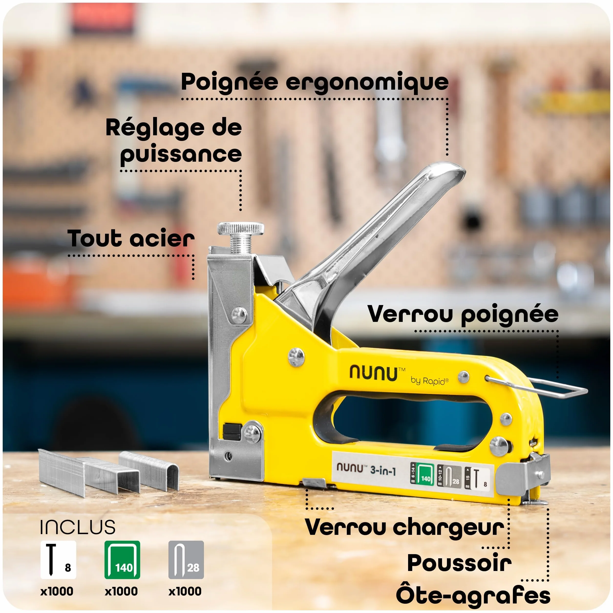 Rapid NUNU Agrafeuse Manuelle 3-en-1 3000 Agrafes et Clous Puissance Réglable