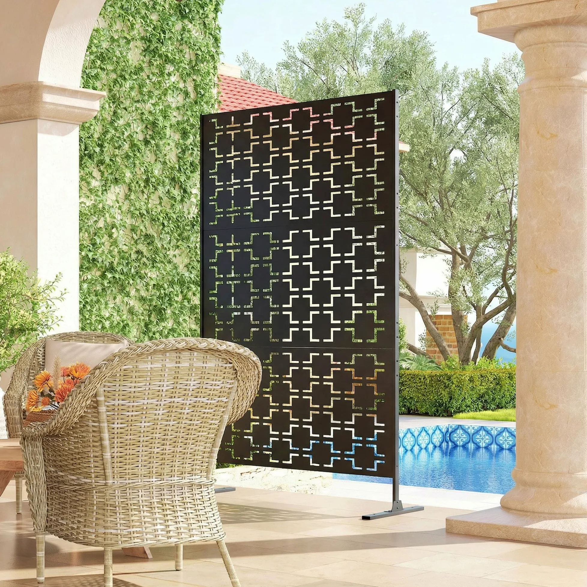 Outsunny Panneau Brise Vue décoratif paravent extérieur à Motif ajouré géométrique en métal - 122 x 45 x 198 cm, Noir