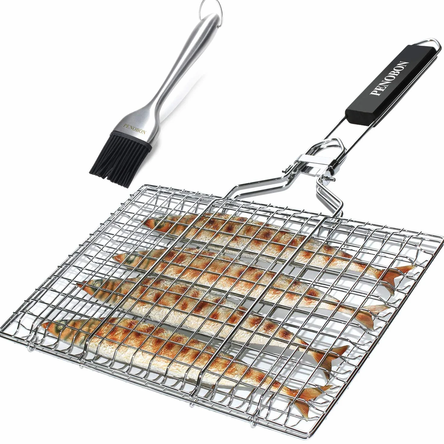 Panier Grille Barbecue Pliable Acier Inoxydable Cuisson Poissons Légumes Crevettes Poignée Amovible Brosse Badigeonner Sac Rangement
