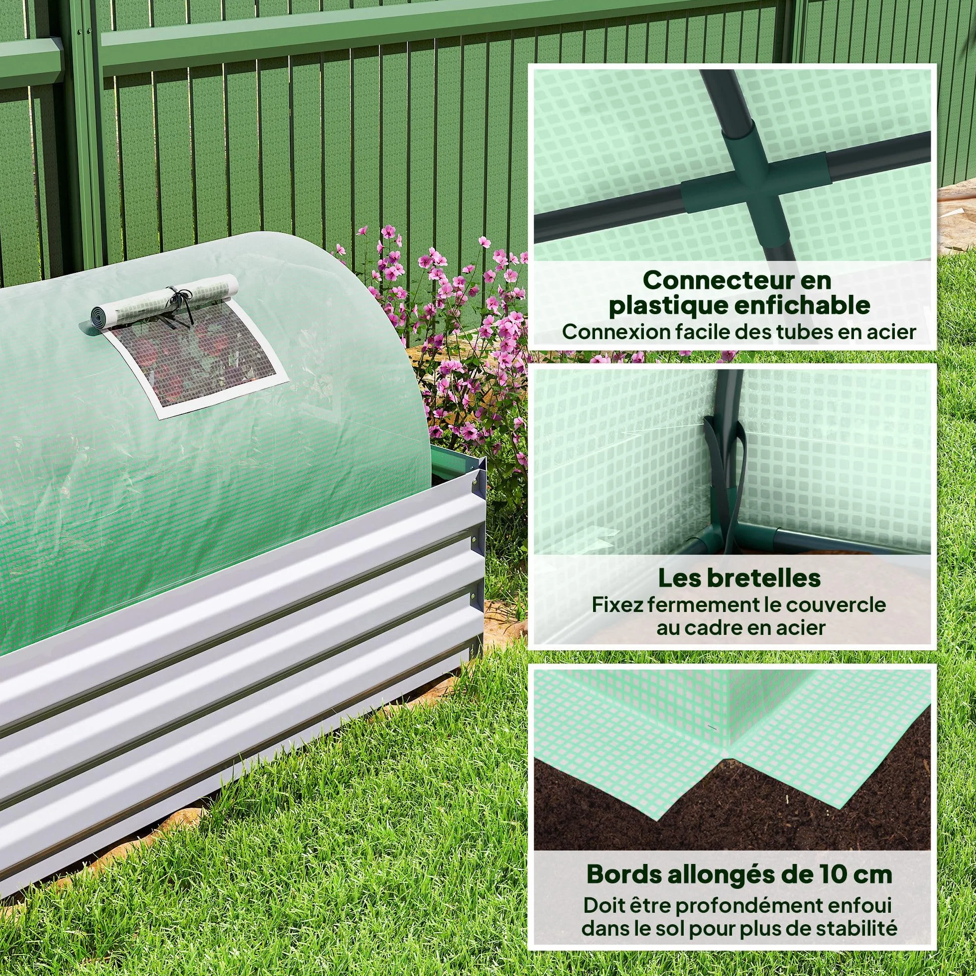 Outsunny Mini Serre de Jardin Mini Serre Tunnel à tomates 300 x 80 x 45 cm Acier PE Haute densité 140 g/m² Anti-UV 5 Portes en Filet enroulables Vert