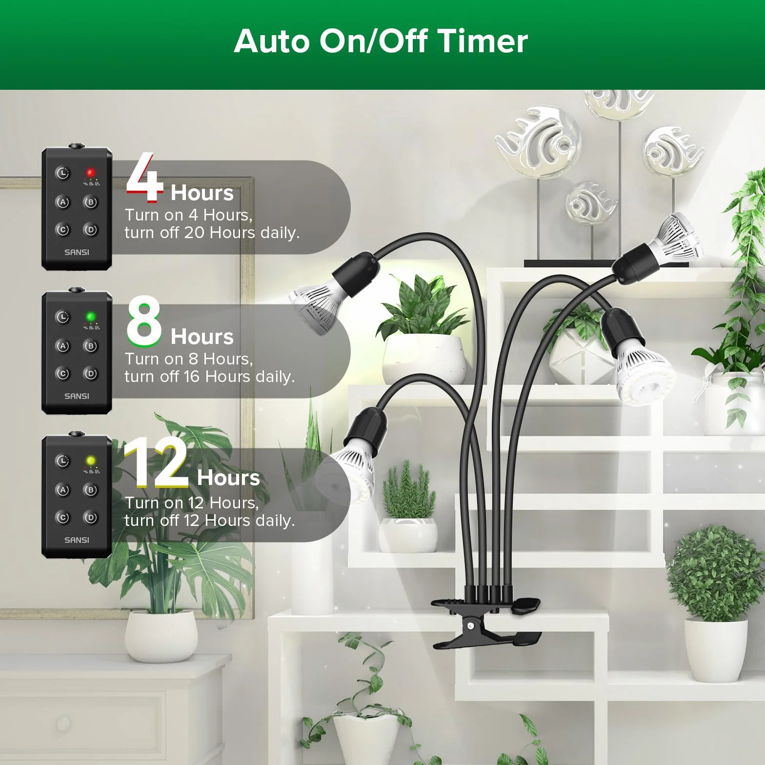 SANSI Lampe Horticole LED 600W Équivalent, 4 Ampoules E27, Minuterie 4/8/12H, Culture Plantes Intérieures