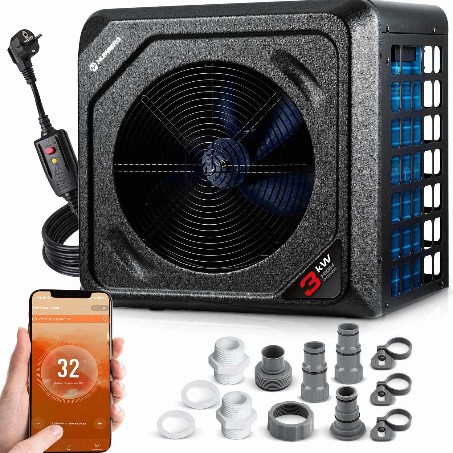 Humberg Pompe à chaleur pour piscine - 3 kW - Chauffage de piscine - Pour piscines jusqu'à 10 000 l - Économie d'énergie - Silencieuse 45 dB - Contrôle par application Wi-Fi, LCD - COP 5,17 - Piscine