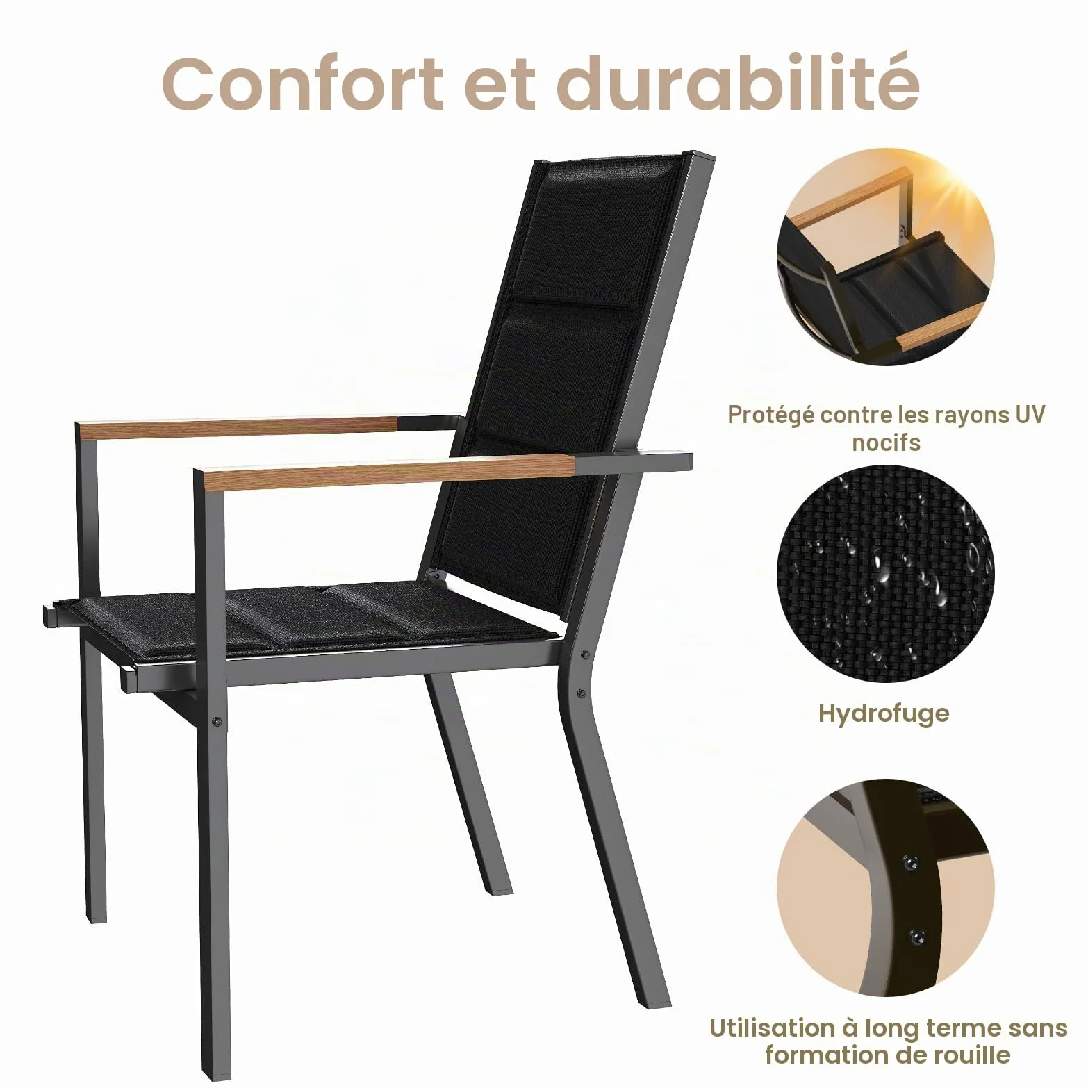 Devoko Ensemble De 2 Chaises De Jardin Exterieur, Chaise De Salle À Manger Empilable en Aluminium, Chaise Fauteuil, pour Le Jardin, La Piscine, La Terrasse, Meubles d'extérieu, Gris Foncé