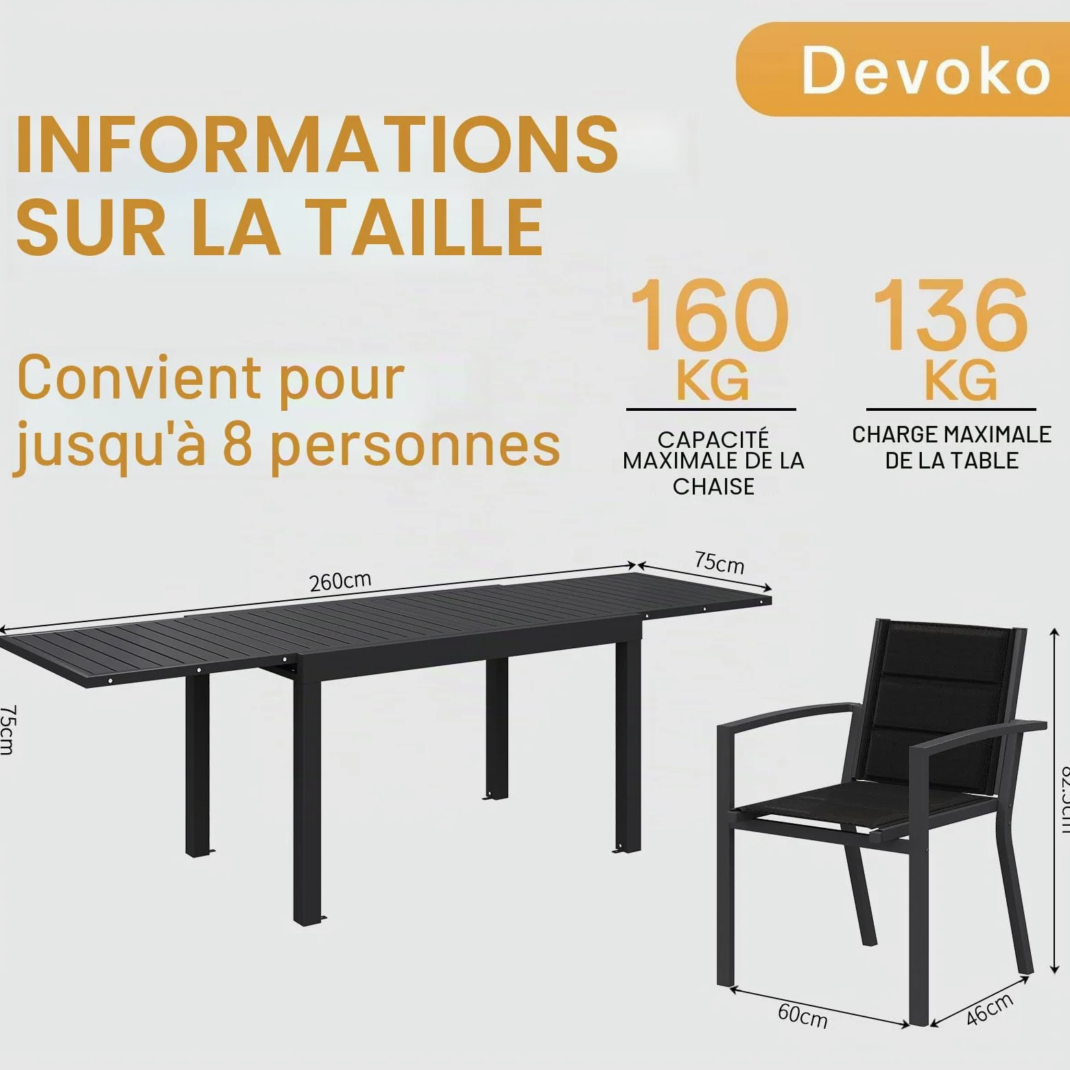 Devoko Salon de Jardin Exterieur 8 Personnes, 8+1 Mobilier de Jardin Aluminium, 8 Chaise Empilable Aluminium et 1 130CM-260CM Table de Jardin Extensible, Gris Foncé