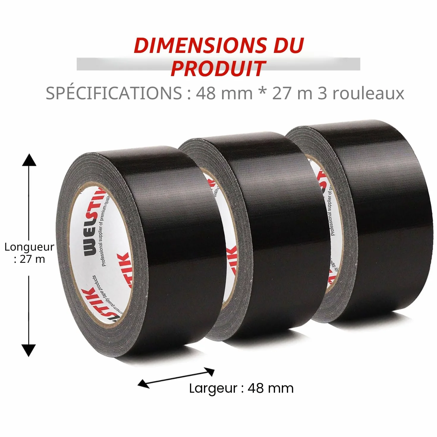 WELSTIK Ruban adhésif imperméable 48 mm x 27 m noir 3 pièces