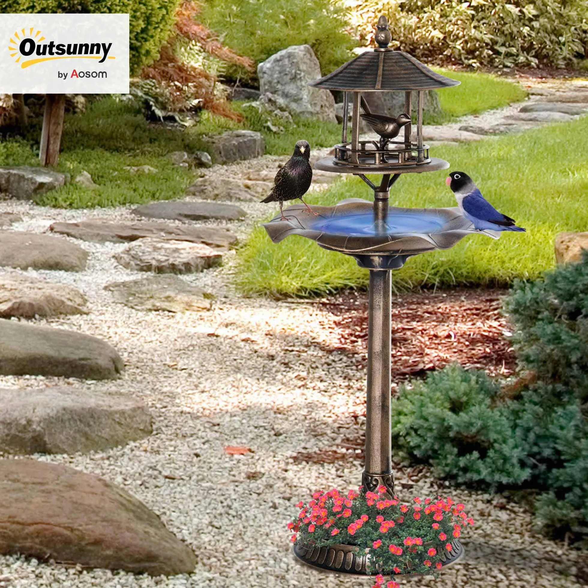 Outsunny Bain d'oiseaux Abreuvoir pour Oiseaux 3 en 1 Ø 50 x 113 cm Polypropylène Bronze Antique