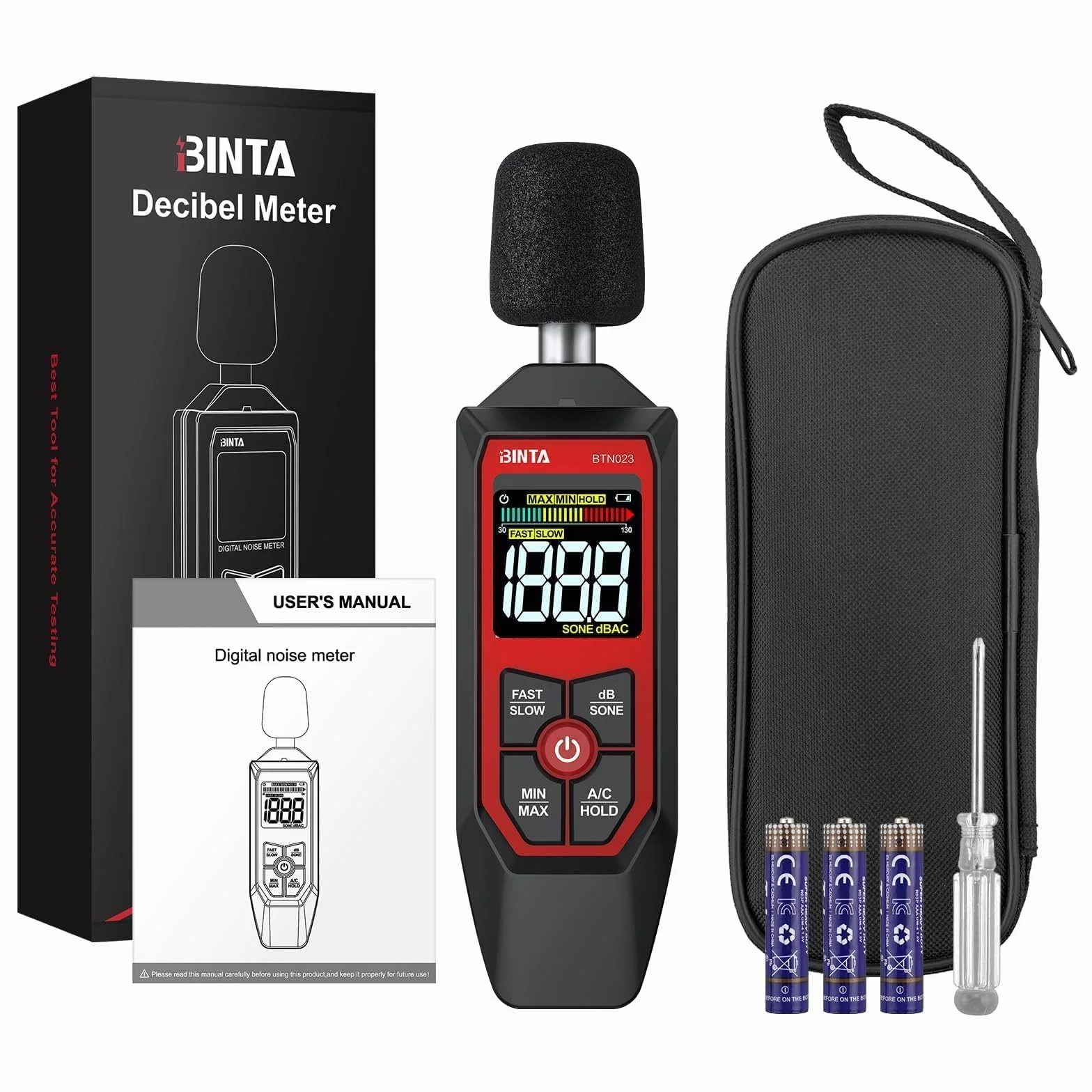 BINTA Sonomètre Décibelmètre Portable 30-130 dB Pondération A/C Écran LCD Fonction MAX/MIN