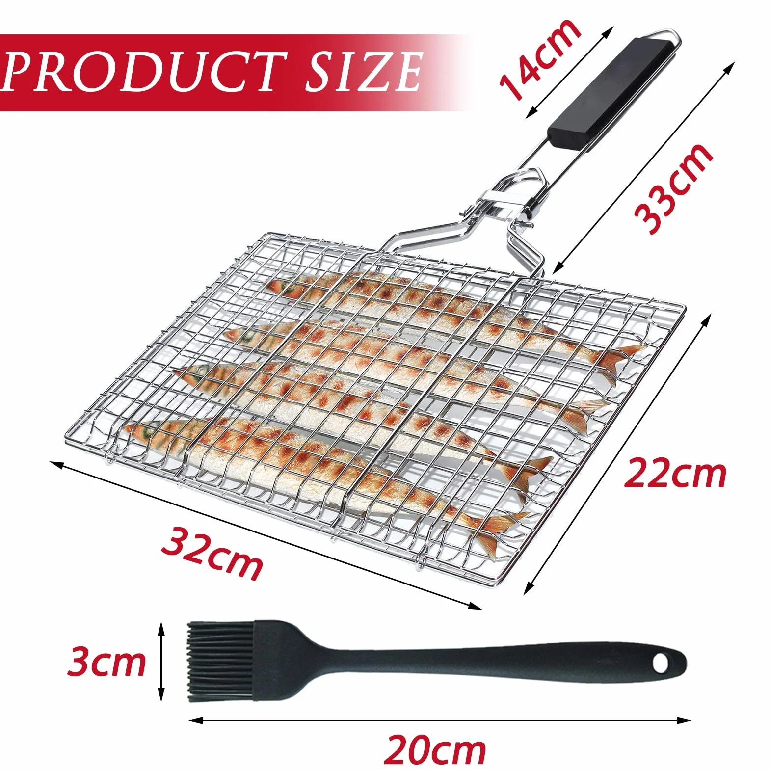 PNOOFR Panier Grille pour Barbecue, Grille Barbecue, Plat Cuisson Barbecue en Acier Inoxydable avec poignée, Support de Barbecue Portable pour l'extérieur avec Brosse à Badigeonner
