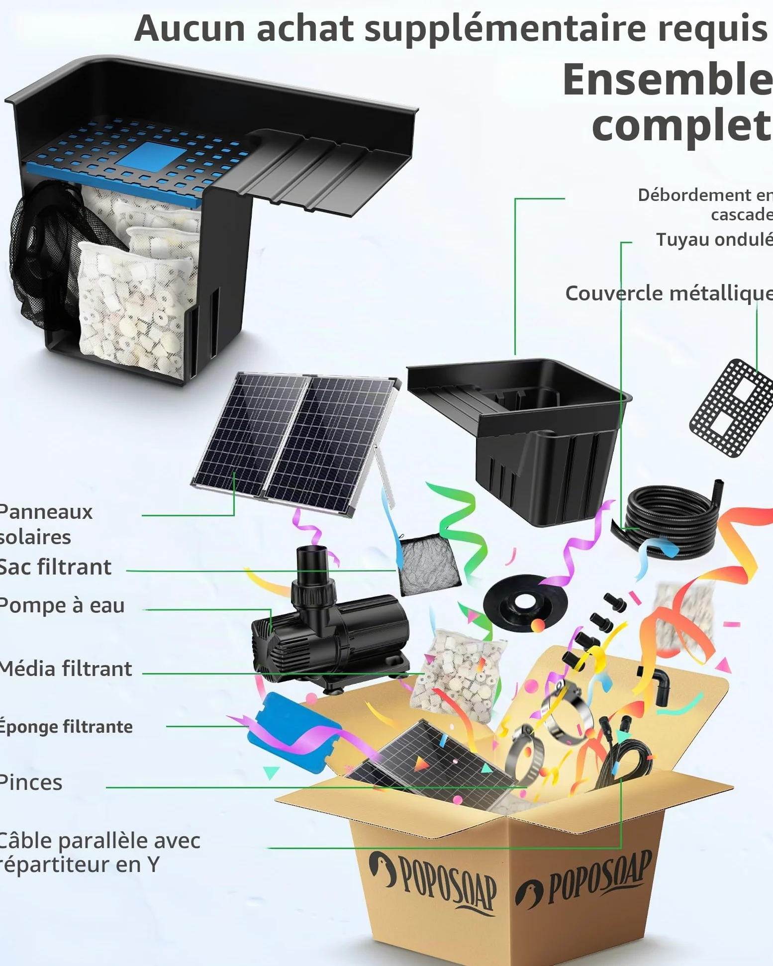 POPOSOAP Cascade d’étang solaire avec panneau solaire 120W & pompe 6000 L/h, tuyau ondulé 3m, média filtrants, cascade pour étang de jardin extérieur, ruisseaux