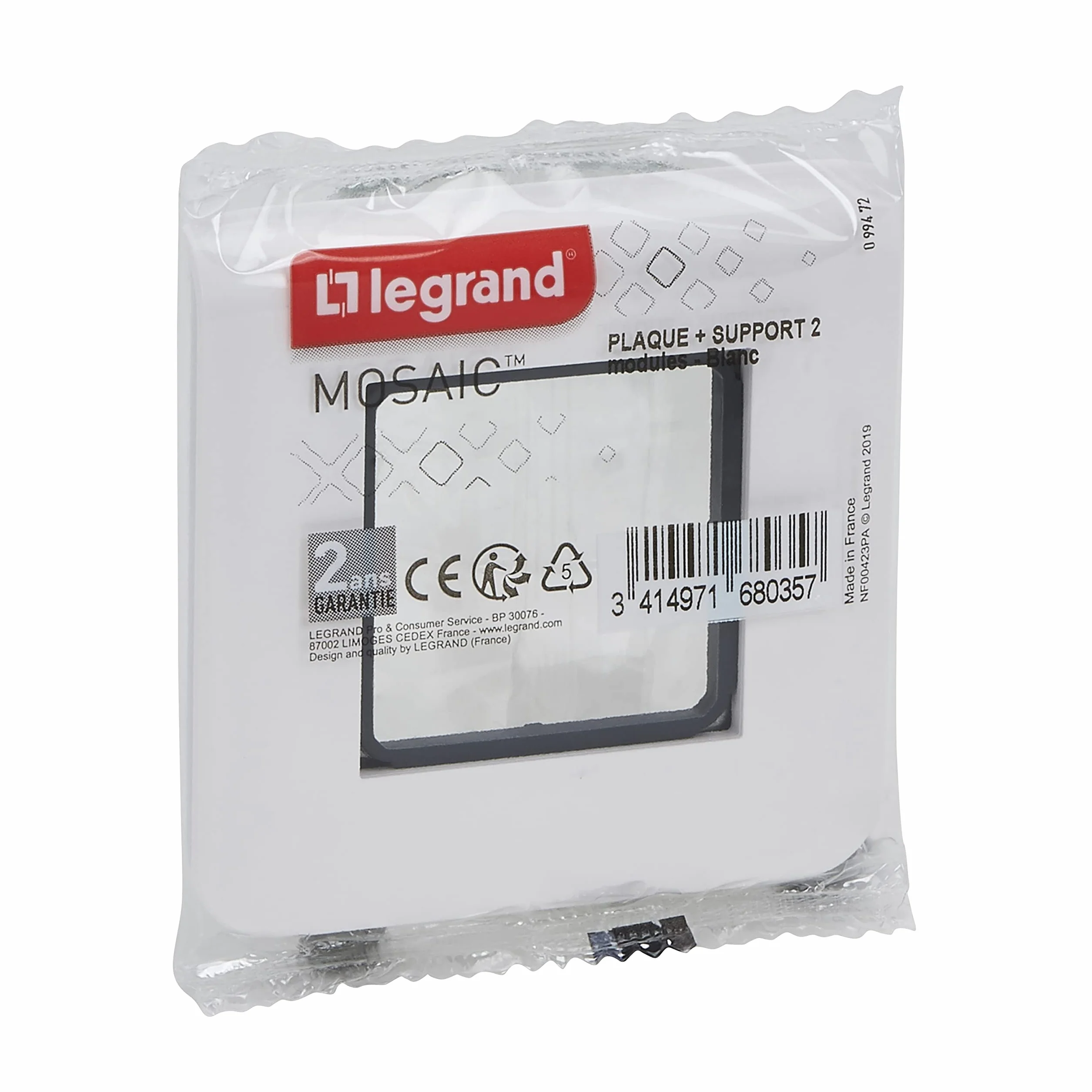 LEGRAND Plaque Mosaic Avec Support Fixation À Vis 2 Modules Blanc Brillant Montage Encastré