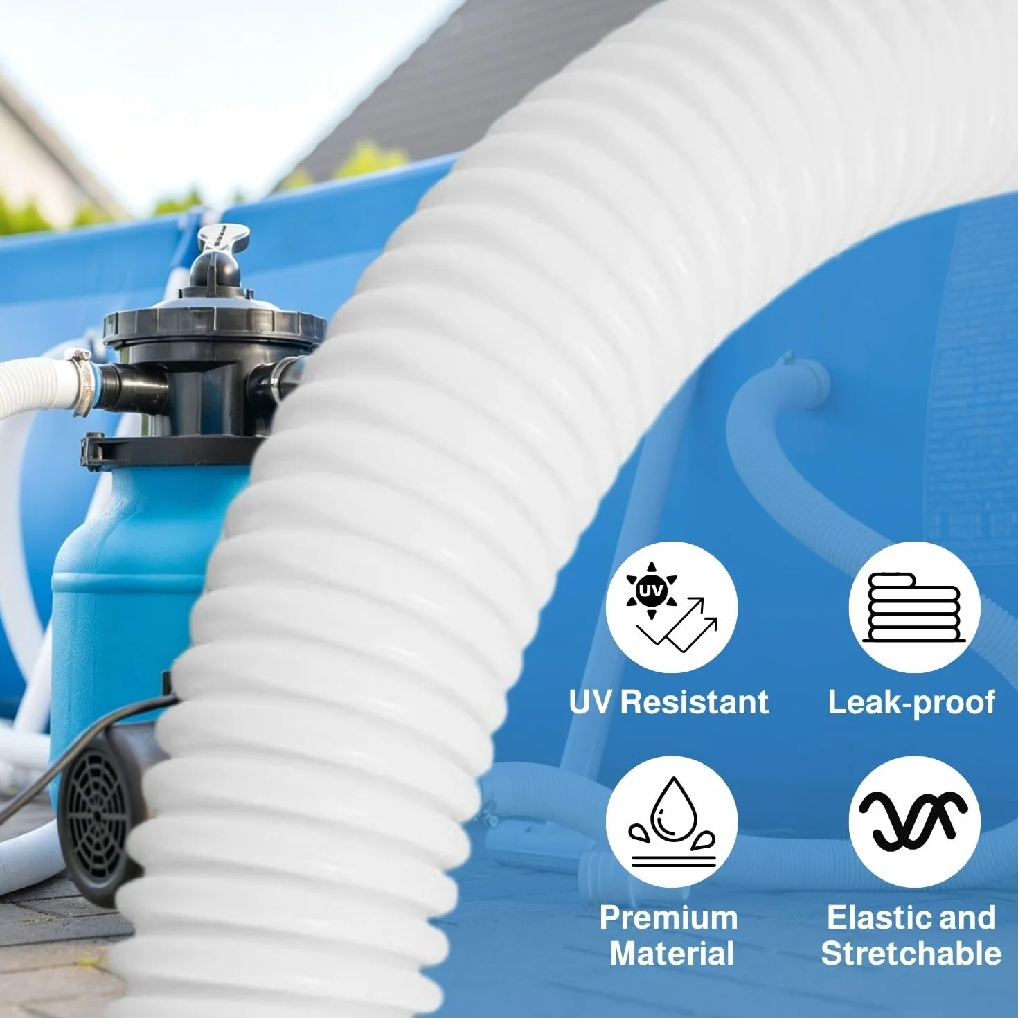 Tuyau Piscine 32mm – 2x Tuyau Flexible avec 4 Clips de Sécurité et 1 Raccord Universel – Compatible avec Toutes les Pompes de Filtration – Installation Facile – Pour Piscines, Spas, Aquariums