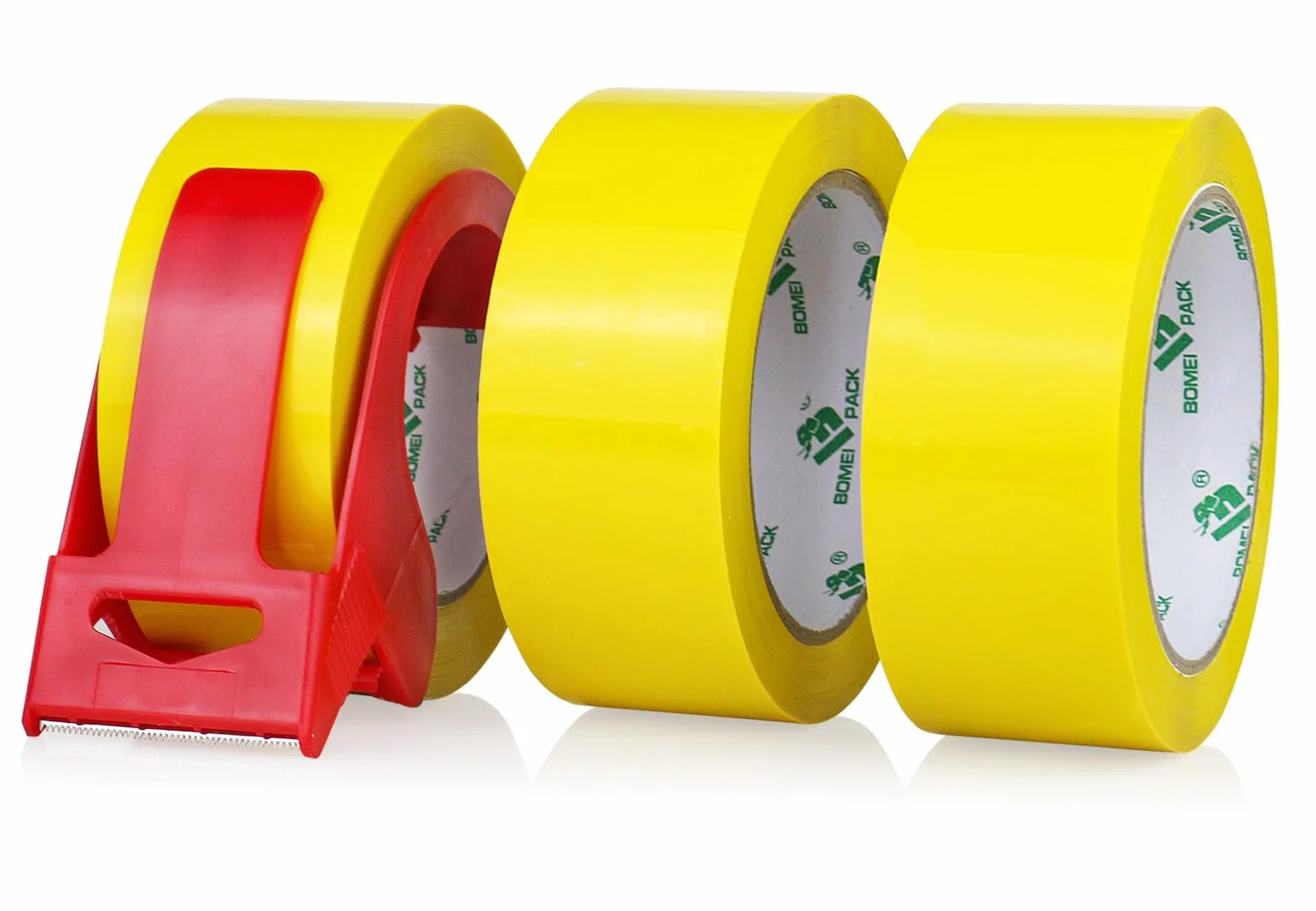 BOMEI PACK Ruban d’emballage 66m x 48mm 3 rouleaux avec dévidoir adhésif fort Jaune