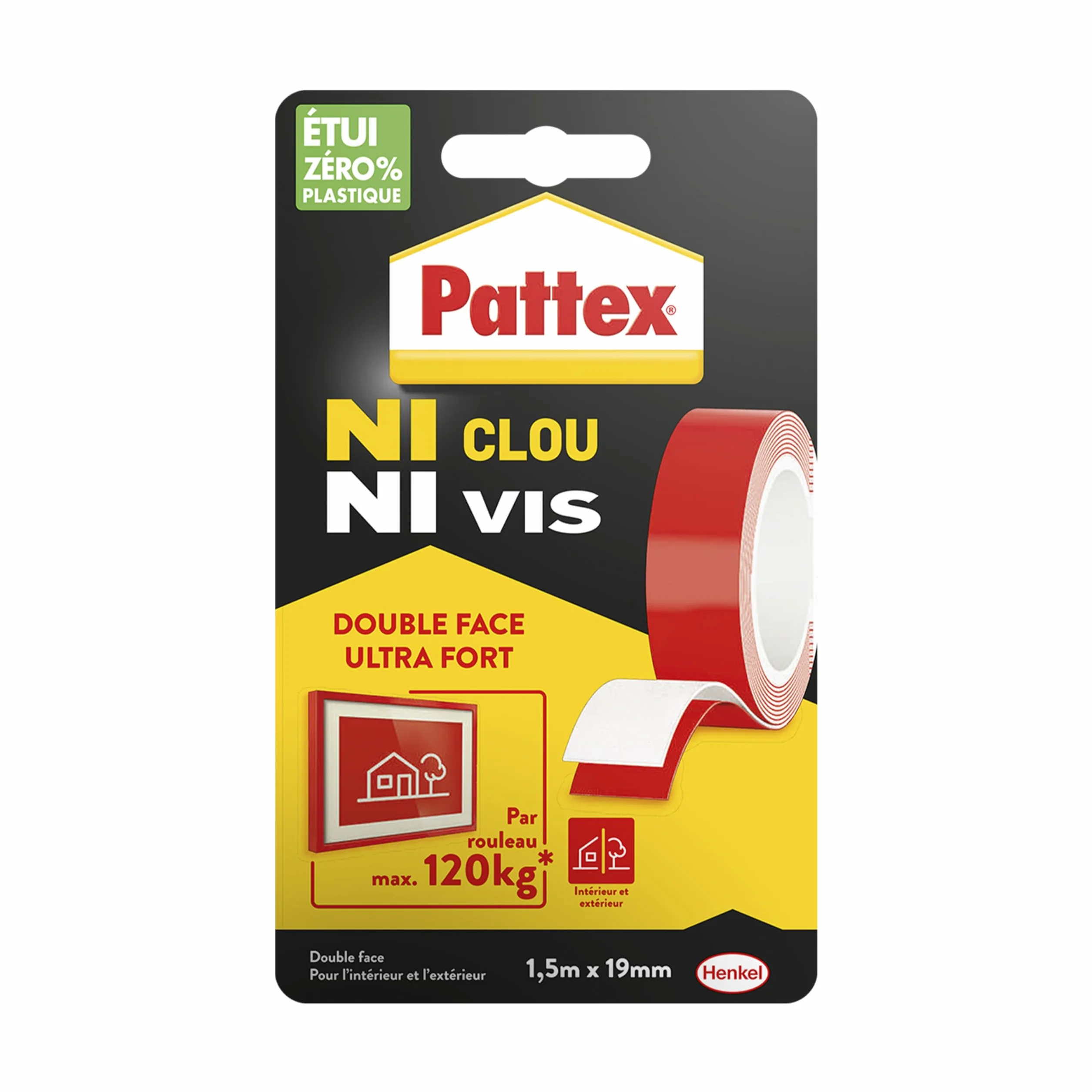 Pattex Ruban adhésif double face ultra fort 1,5 m x 19 mm 120 kg pour intérieur extérieur