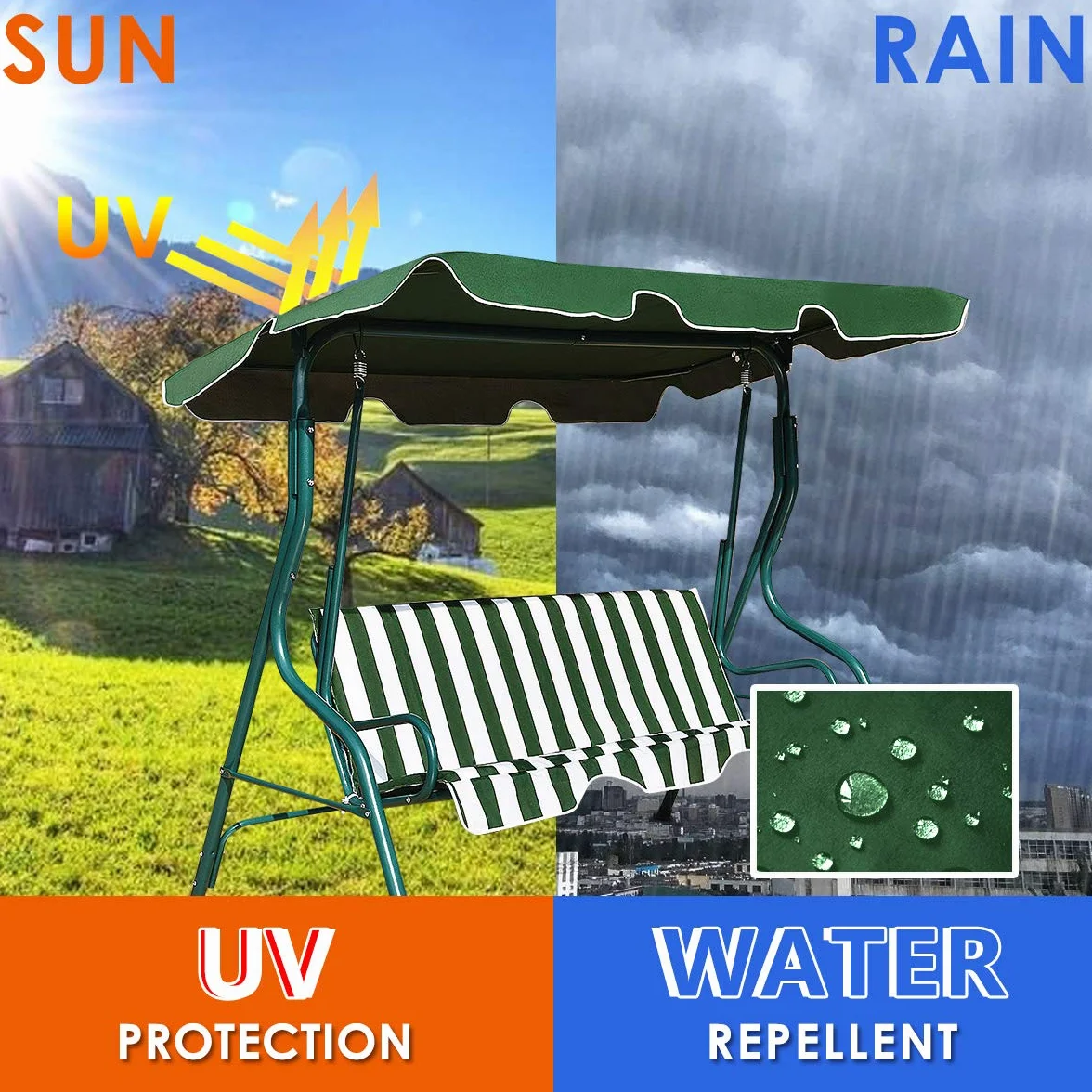 Costway Balancelle de Jardin 3 Places Toit Imperméable 240 KG 170 x 110 x 153 CM Vert