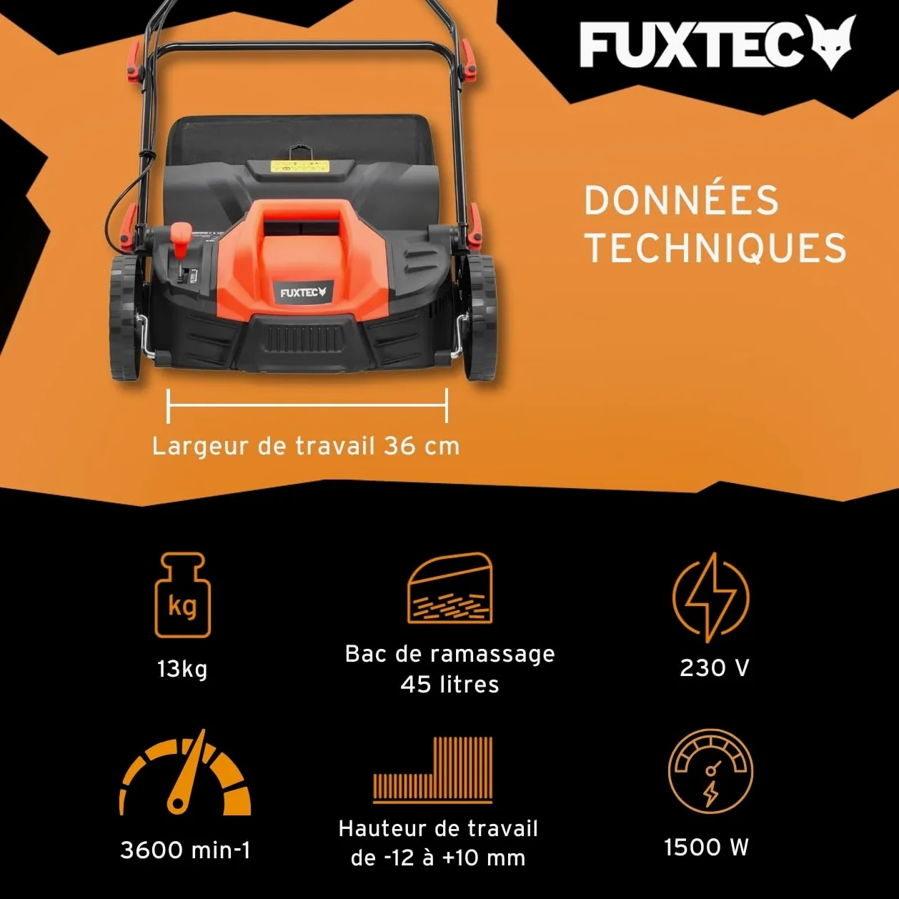 FUXTEC Scarificateur électrique FX-EV360, aérateur de gazon avec 1500 watts de puissance, largeur de travail 36 cm et réglage de la profondeur sur 5 niveaux, bac de ramassage 45 L