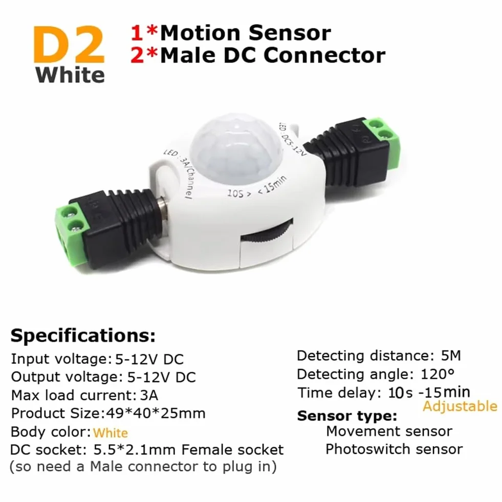Interrupteur de Lumière à Capteur de Mouvement 12V, PIR, Minuterie 5V DC