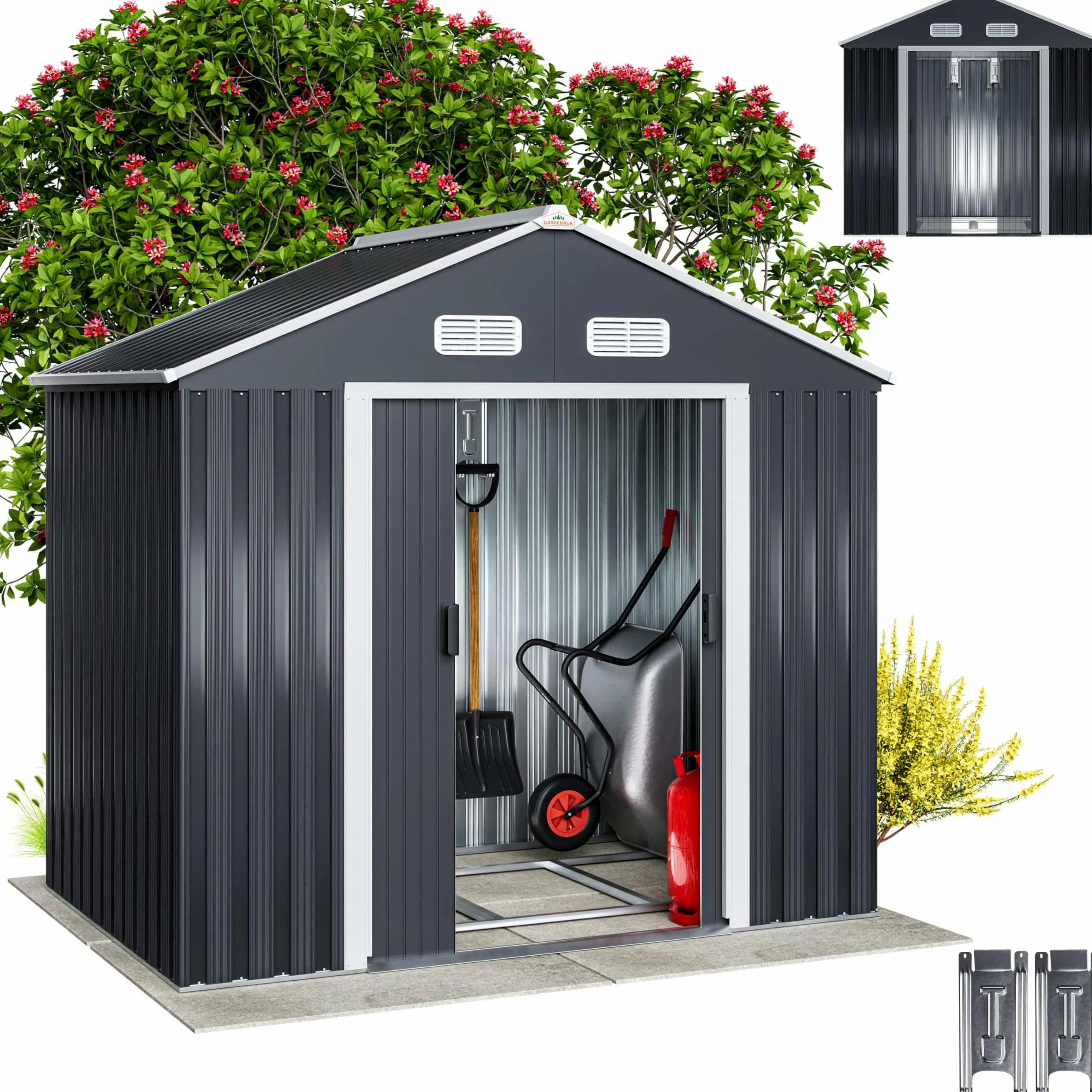 GARDEBRUK® Abri de Jardin métal XL 2m² Fondation 200x135x190cm Porte coulissante Anthracite cabane de Jardin cabanon Rangement Outils 4m³