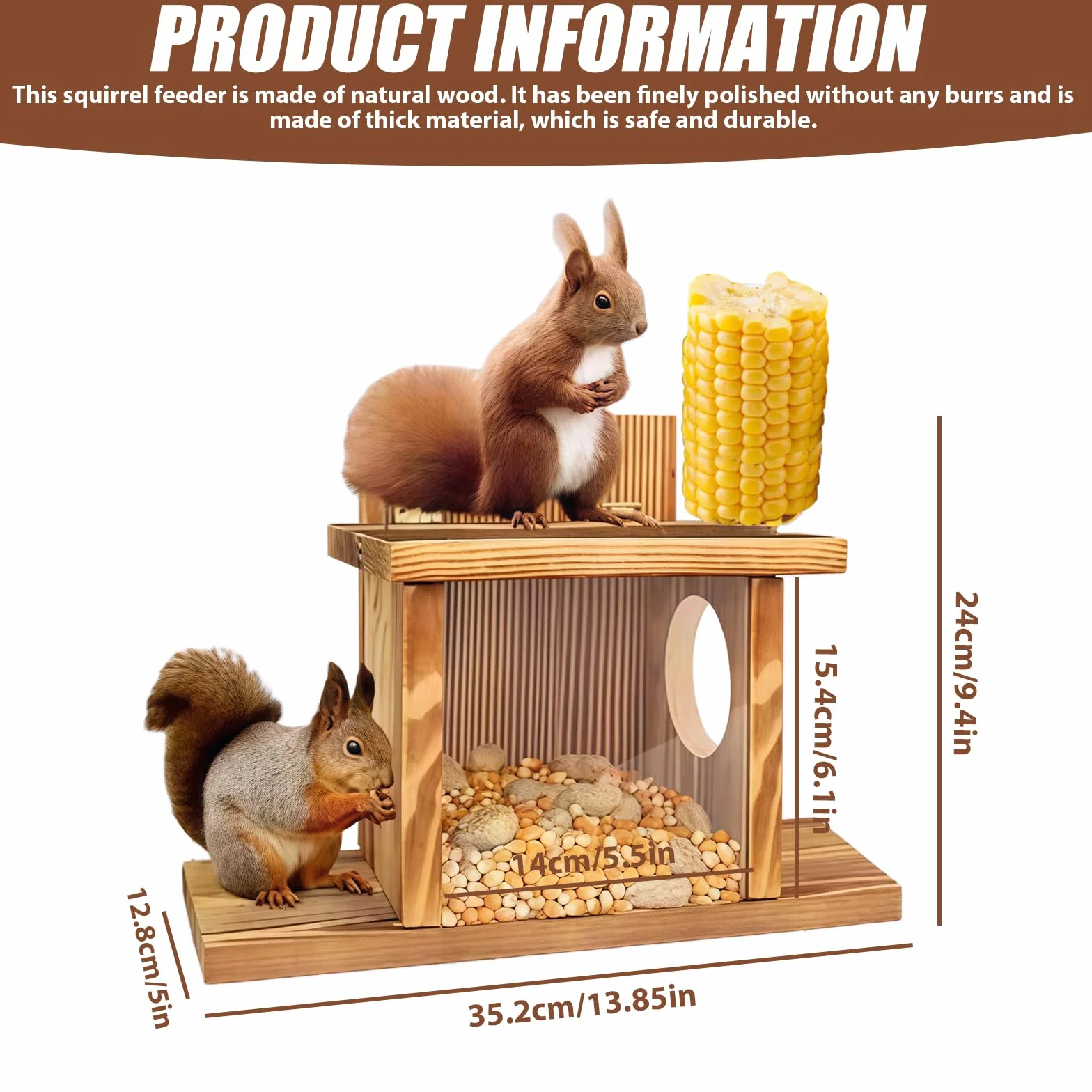 Mangeoire pour écureuils en bois 35,2 × 12,8 × 24 cm résistante aux intempéries design Flip-Top