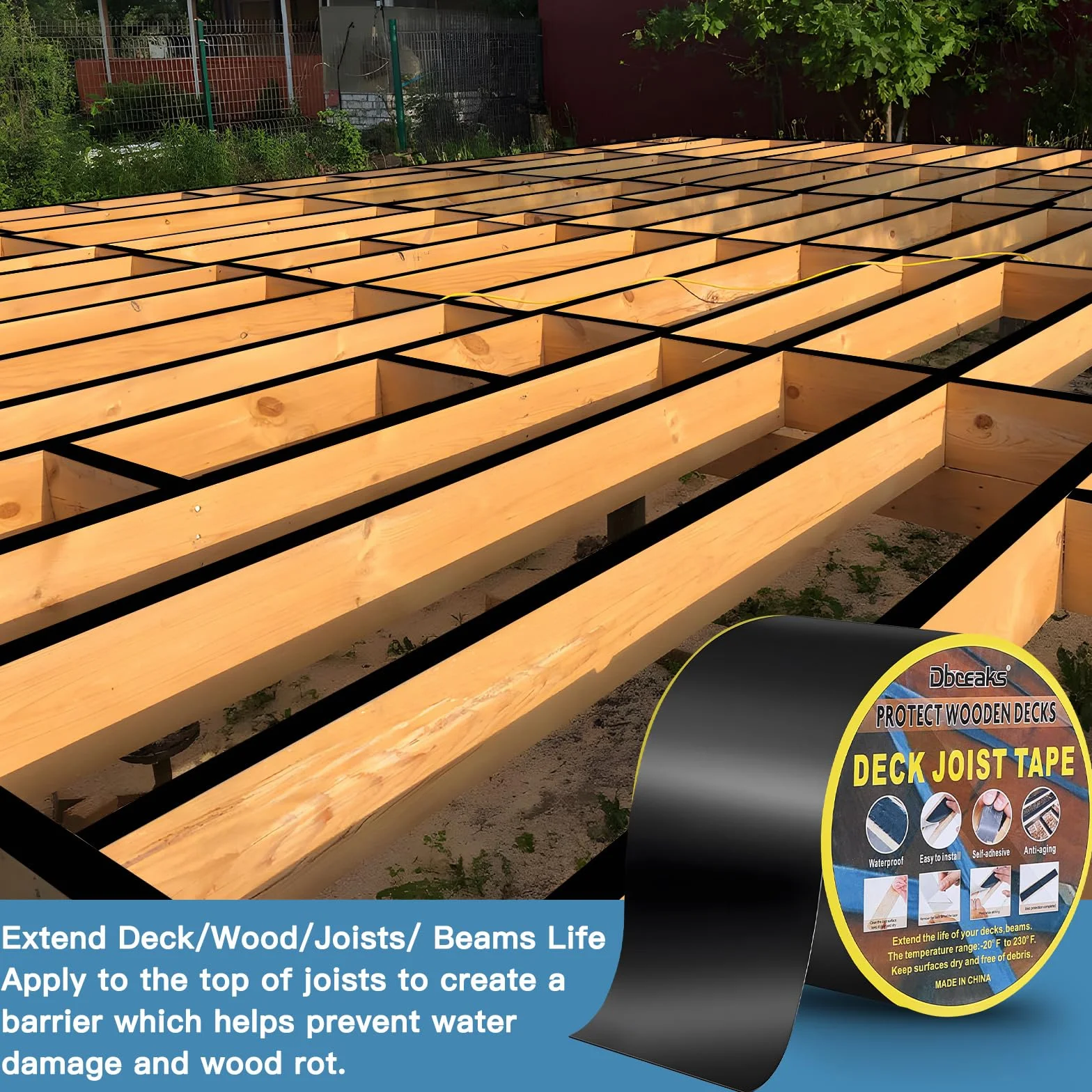 DBREAKS Ruban Adhésif en Butyle pour Terrasse, 80mm x 15m, Bande de Protection Lambourde (1 Rouleau)