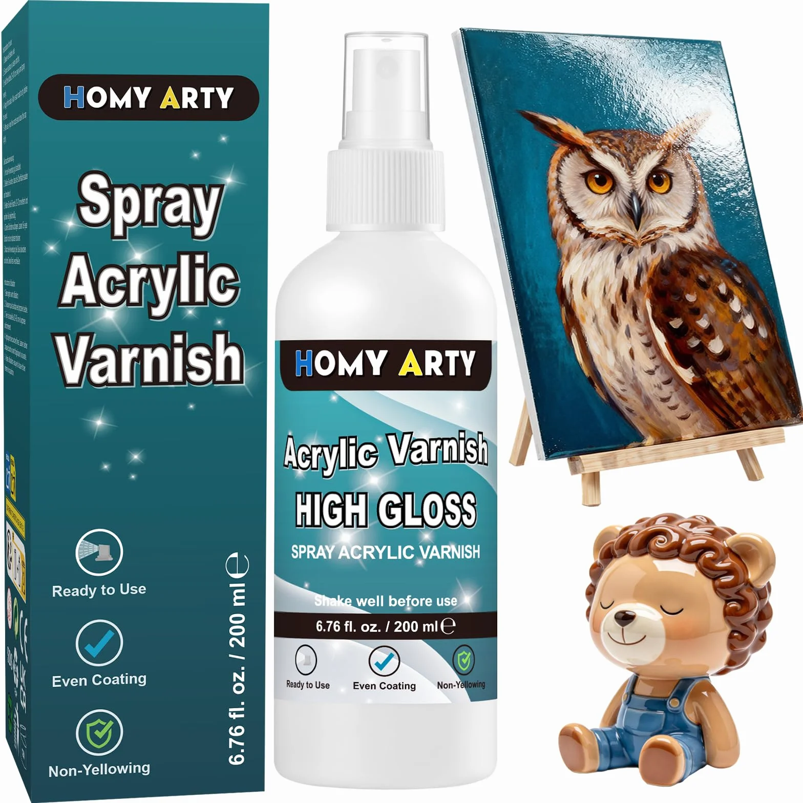 HOMY ARTY Vernis Acrylique Brillant Spray Transparent 200 ml Finition Brillante Protection Durable