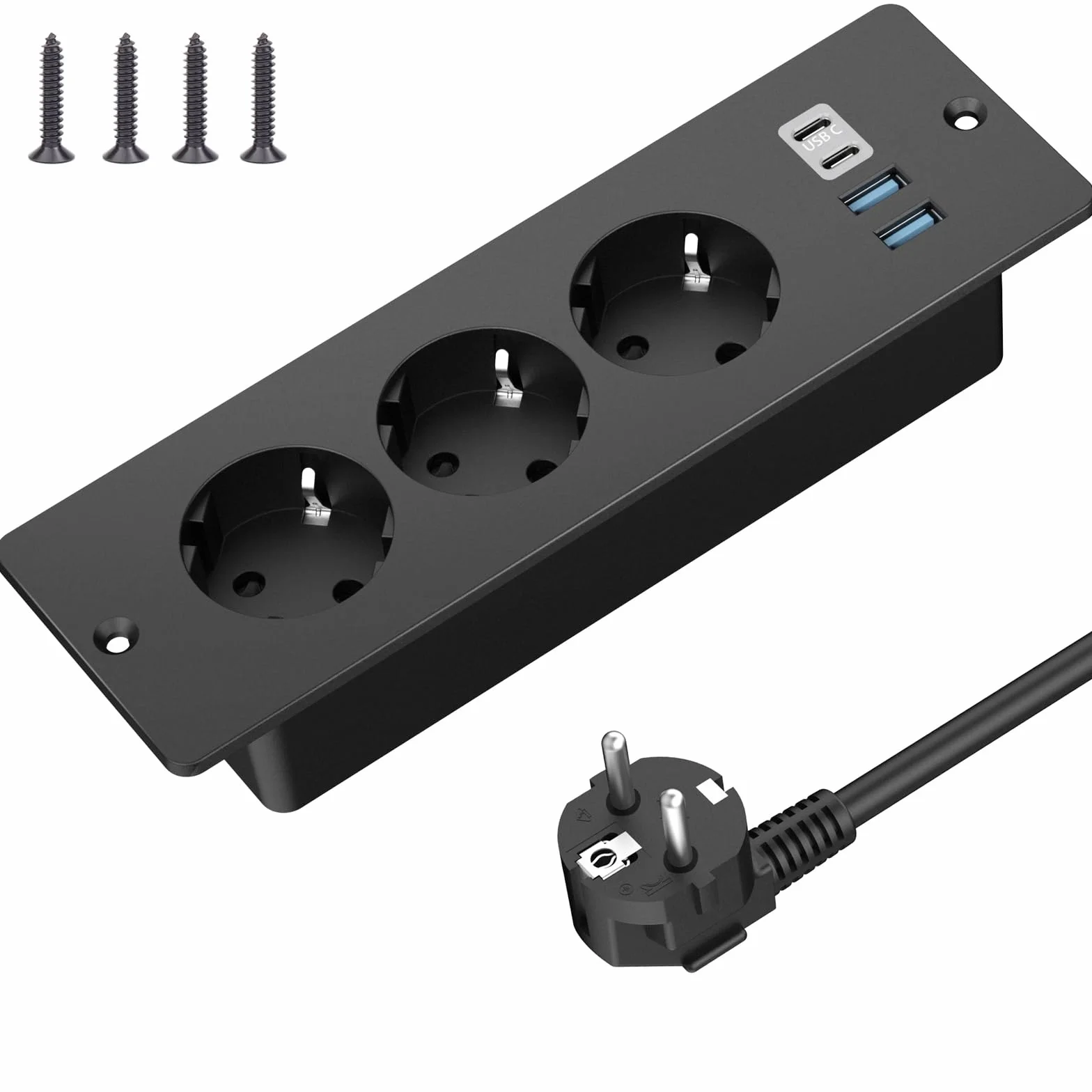 Prise Encastrable de Table 3 Prises 2 USB-A 2 Type-C Câble 2m Noir