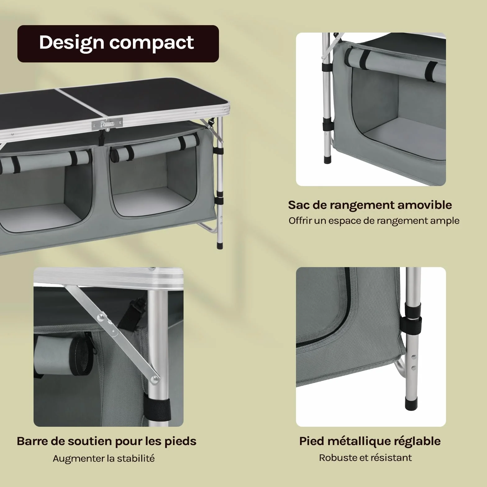 WOLTU Table de Pique-Nique Pliante en Aluminium Réglable en Hauteur pour 4-6 Personnes Noir + Gris