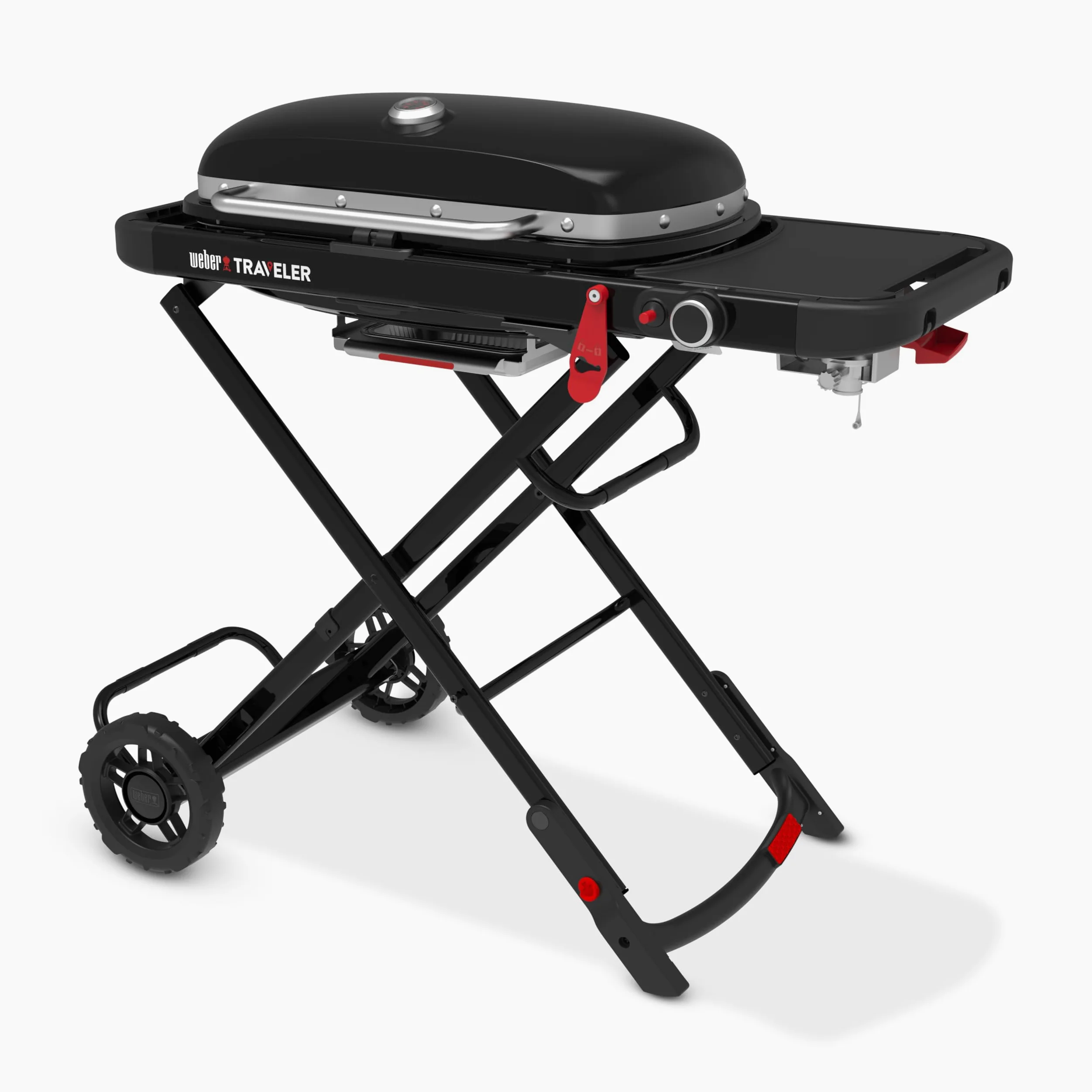 Weber Traveler barbecue à gaz/design pliable et portable avec roues, verrouillage automatique du couvercle et thermomètre intégré, 1 brûleur, largeur 111 cm, surface de cuisson 2065 cm², noir