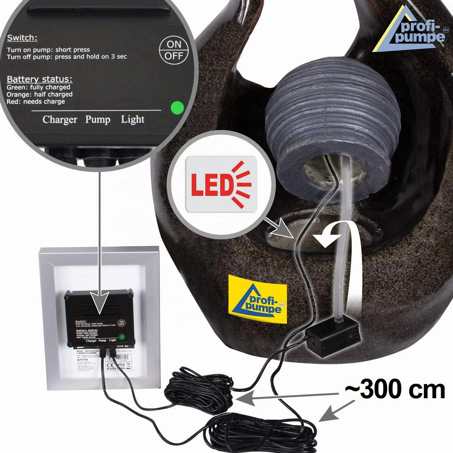 Fontaine de Jardin Solaire avec Batterie Li-ION et Éclairage LED Flamme de l'Amour 71 cm